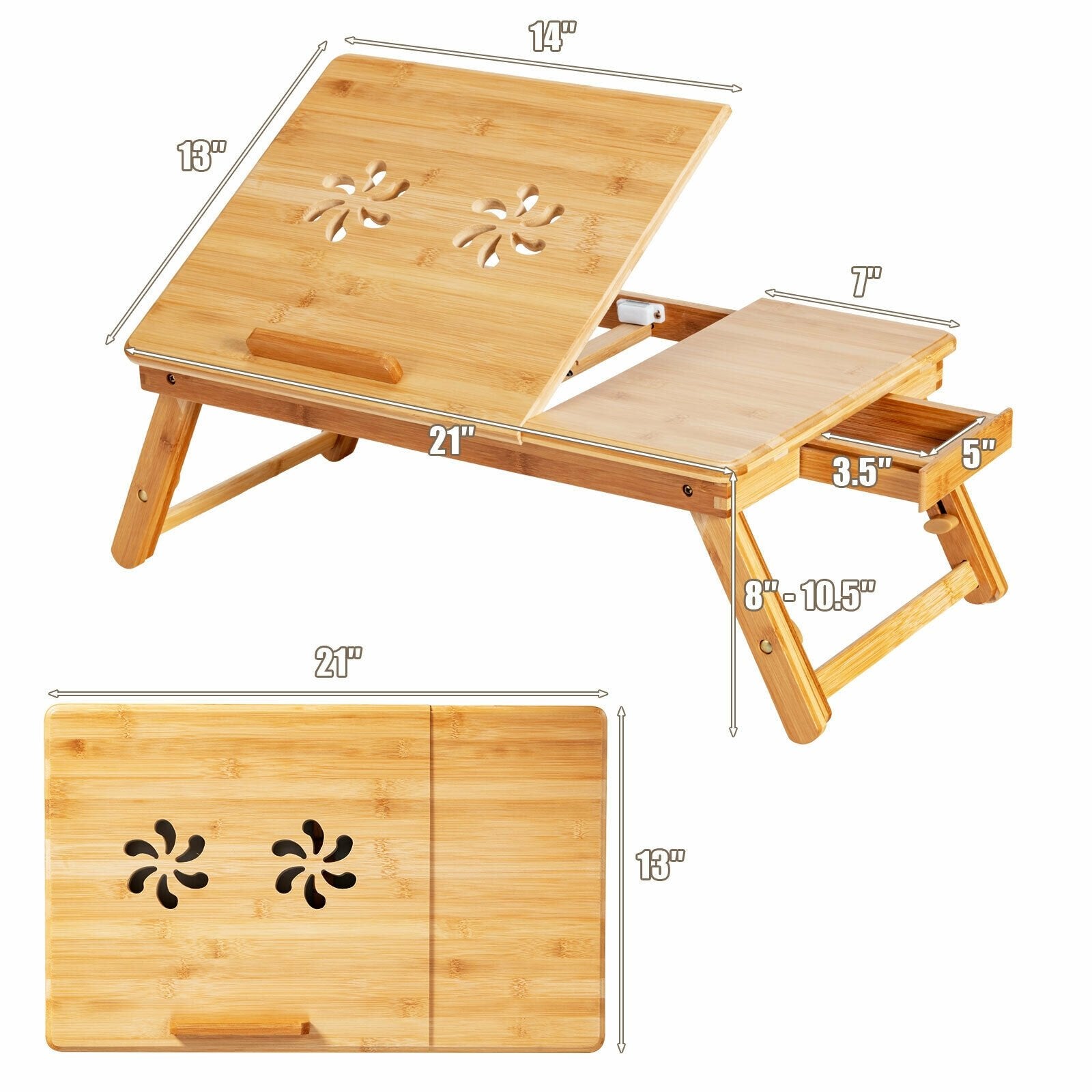 Bamboo Laptop Lap Tray with Adjustable Legs and Tilting Heat-dissipation Top, Natural Laptop Tables & Printer Stands   at Gallery Canada