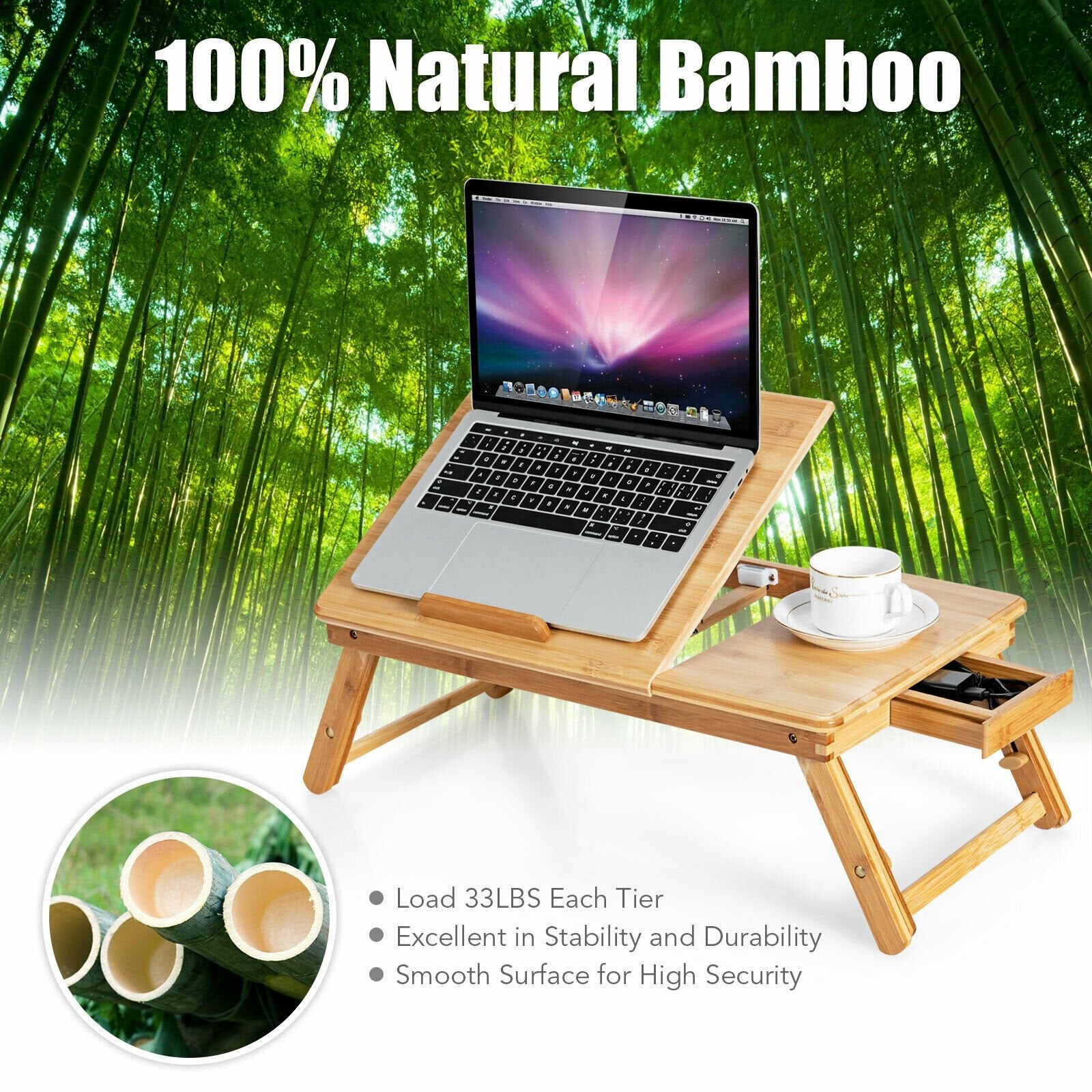 Bamboo Laptop Lap Tray with Adjustable Legs and Tilting Heat-dissipation Top, Natural Laptop Tables & Printer Stands   at Gallery Canada