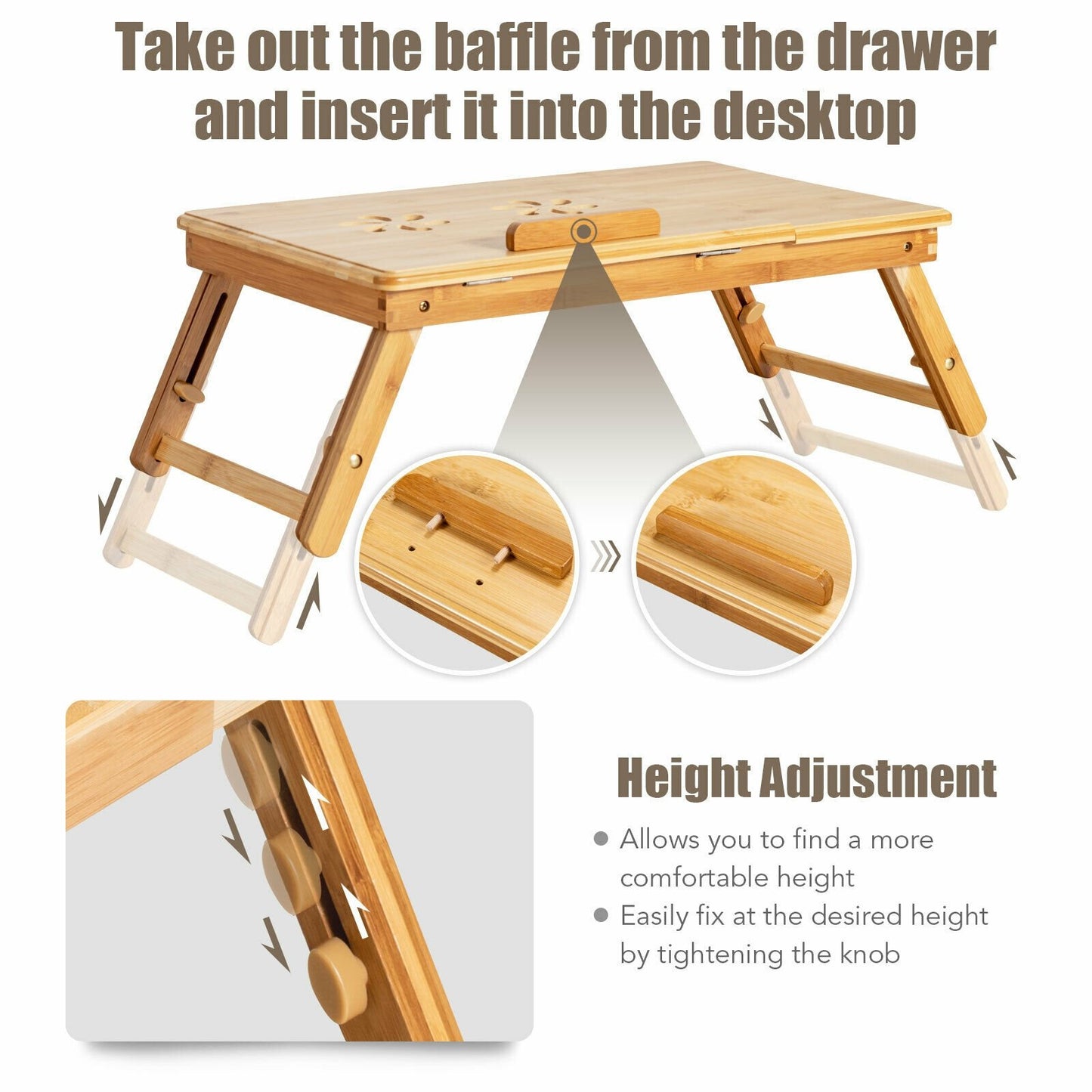 Bamboo Laptop Lap Tray with Adjustable Legs and Tilting Heat-dissipation Top, Natural Laptop Tables & Printer Stands   at Gallery Canada