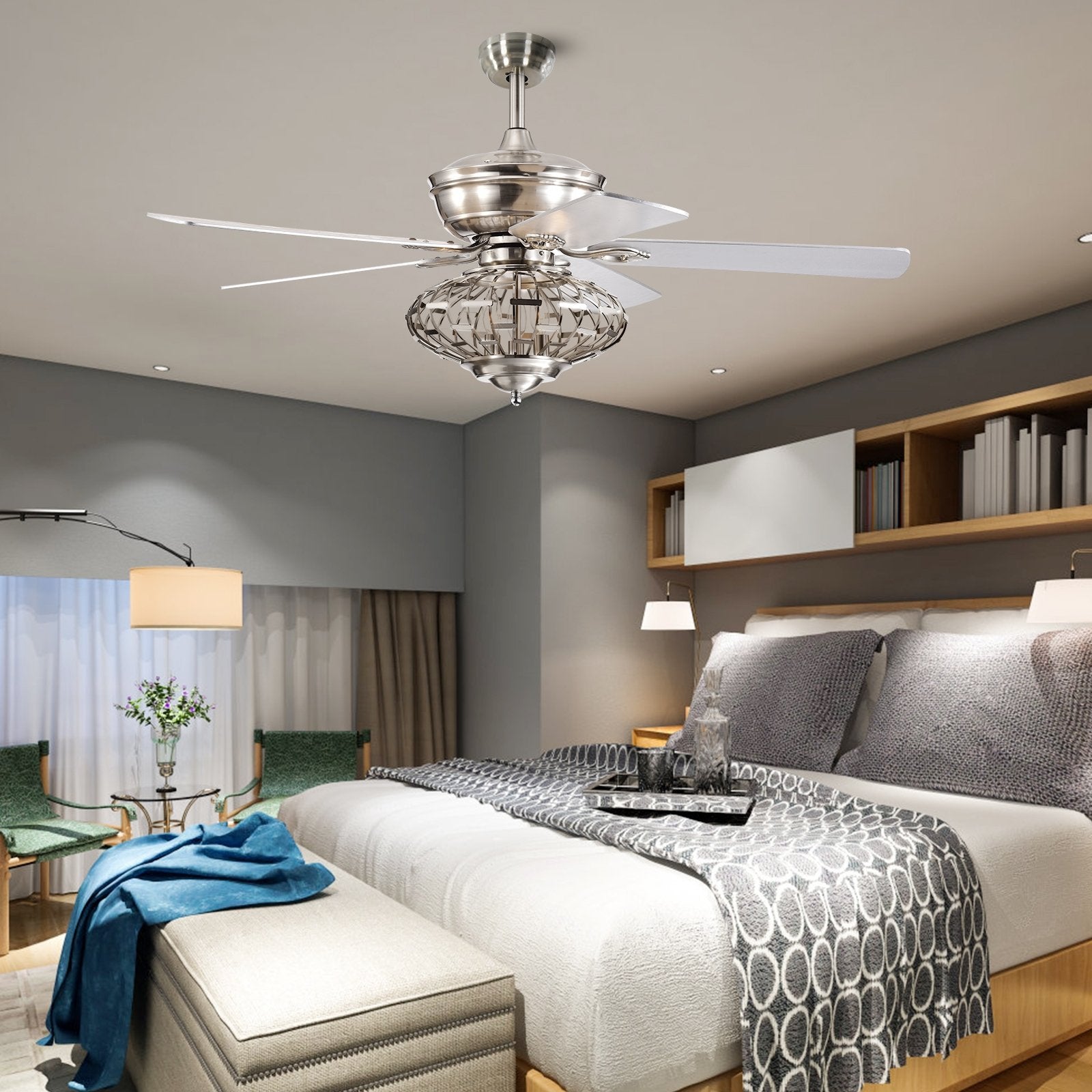 52 Inches Ceiling Fan with Wooden Blades and Remote Control, Silver Ceiling Fans   at Gallery Canada