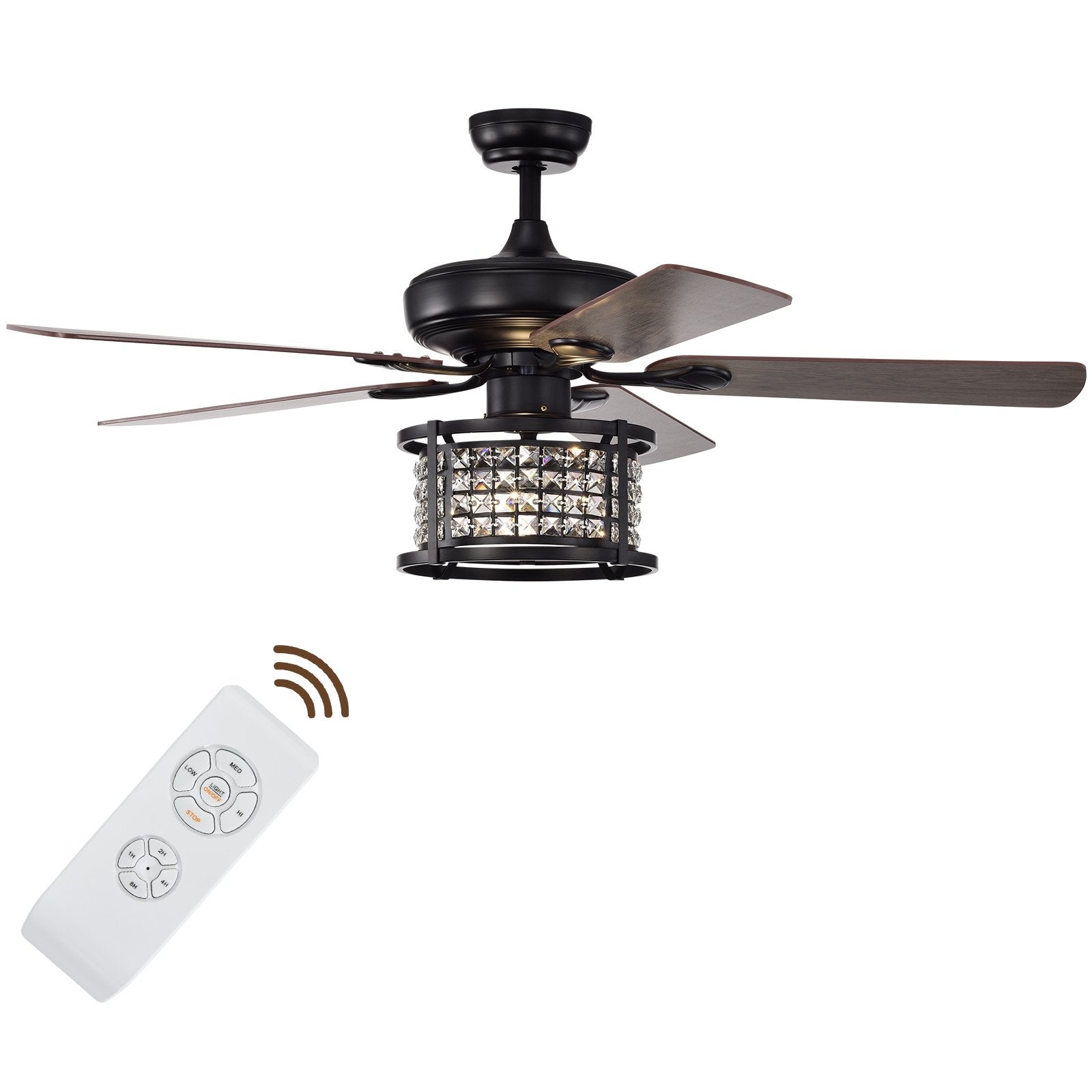 52 Inch 3-Speed Crystal Ceiling Fan Light with Remote Control, Black Ceiling Fans   at Gallery Canada