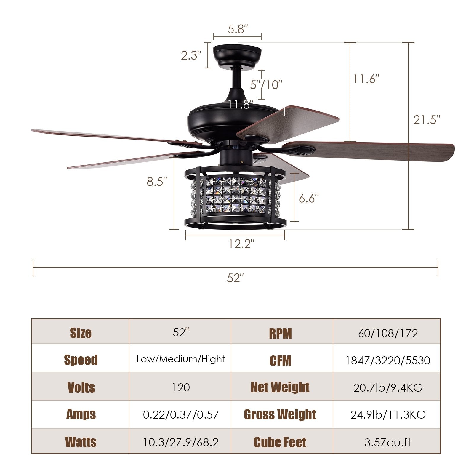 52 Inch 3-Speed Crystal Ceiling Fan Light with Remote Control, Black Ceiling Fans   at Gallery Canada