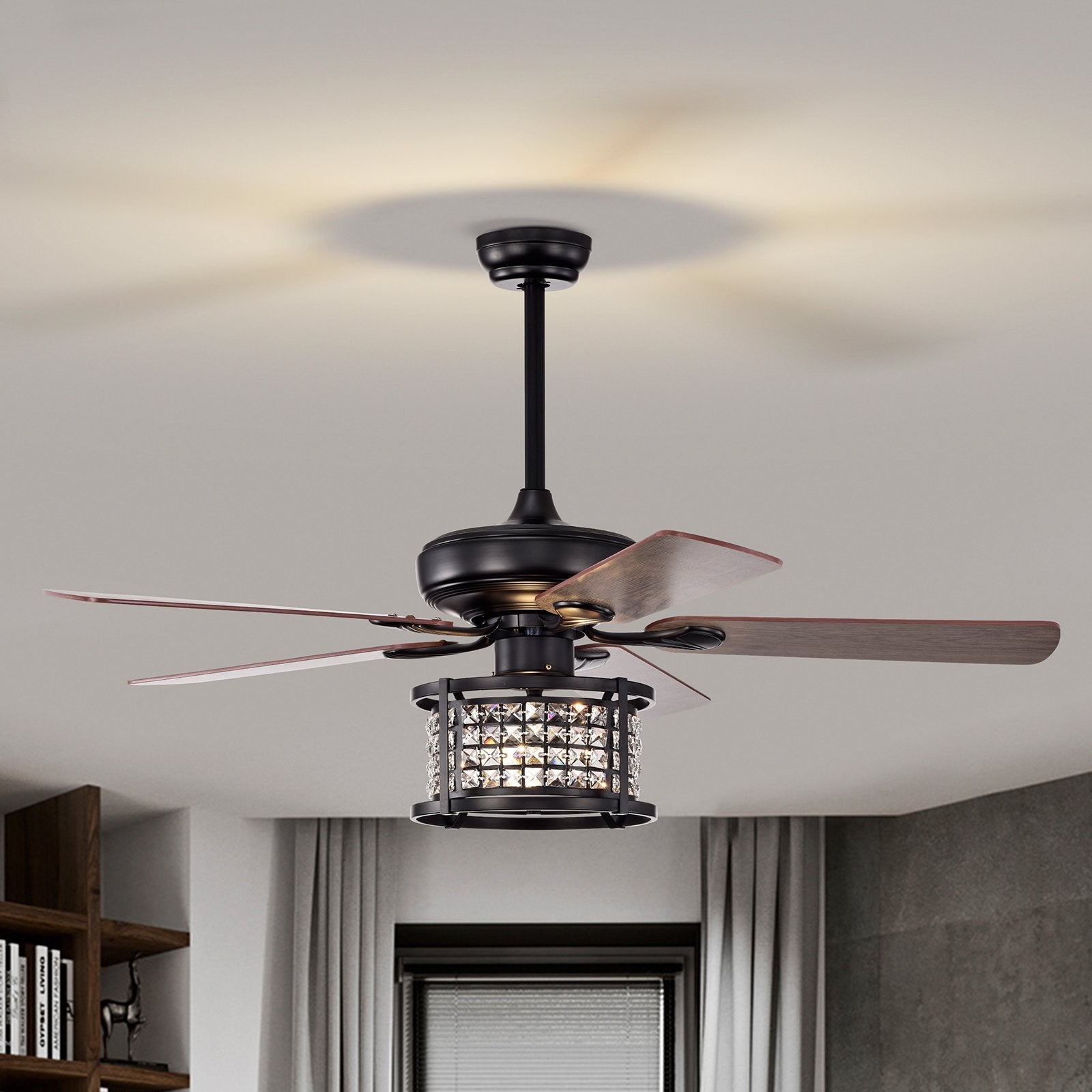 52 Inch 3-Speed Crystal Ceiling Fan Light with Remote Control, Black Ceiling Fans   at Gallery Canada