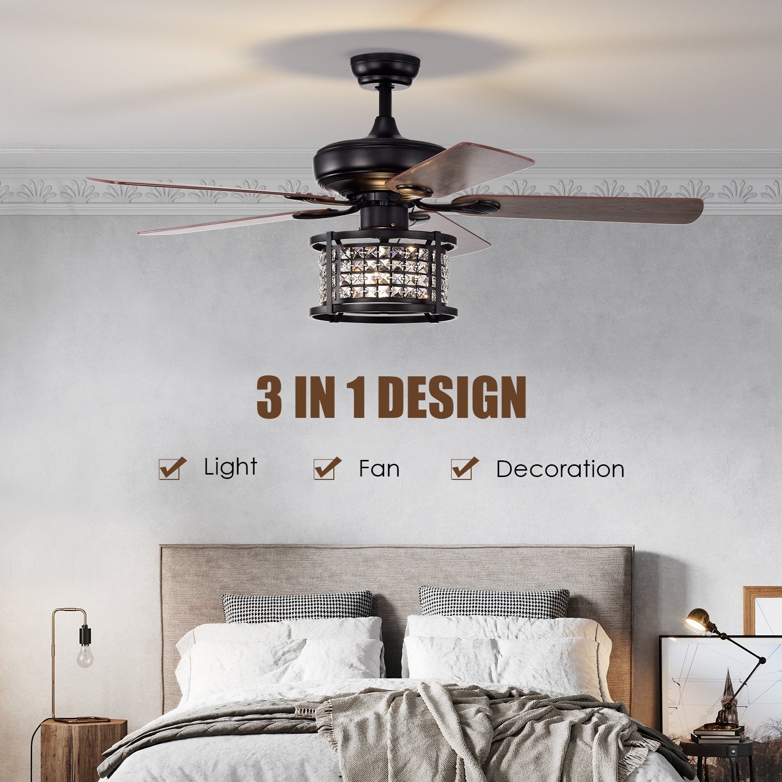 52 Inch 3-Speed Crystal Ceiling Fan Light with Remote Control, Black Ceiling Fans   at Gallery Canada