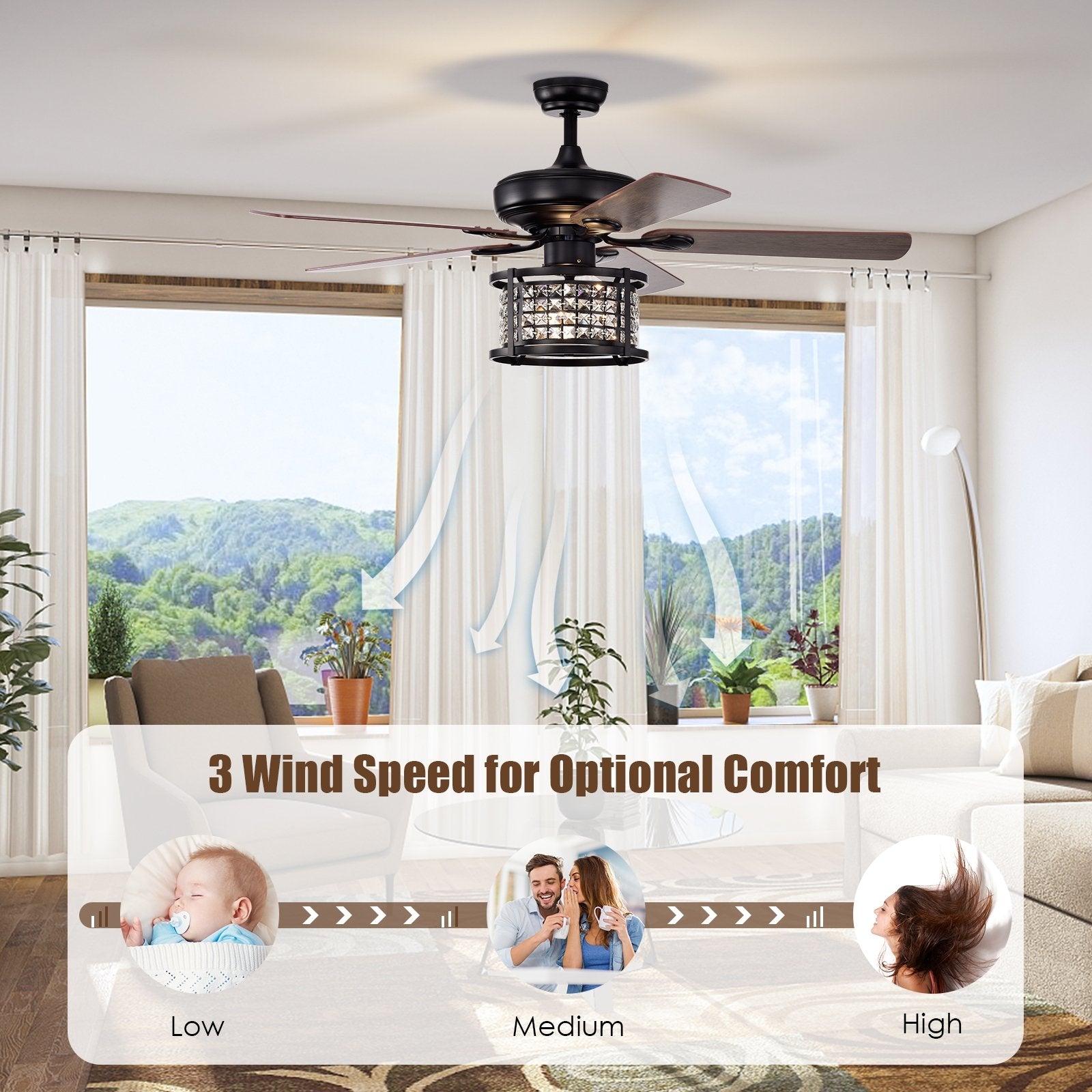 52 Inch 3-Speed Crystal Ceiling Fan Light with Remote Control, Black Ceiling Fans   at Gallery Canada