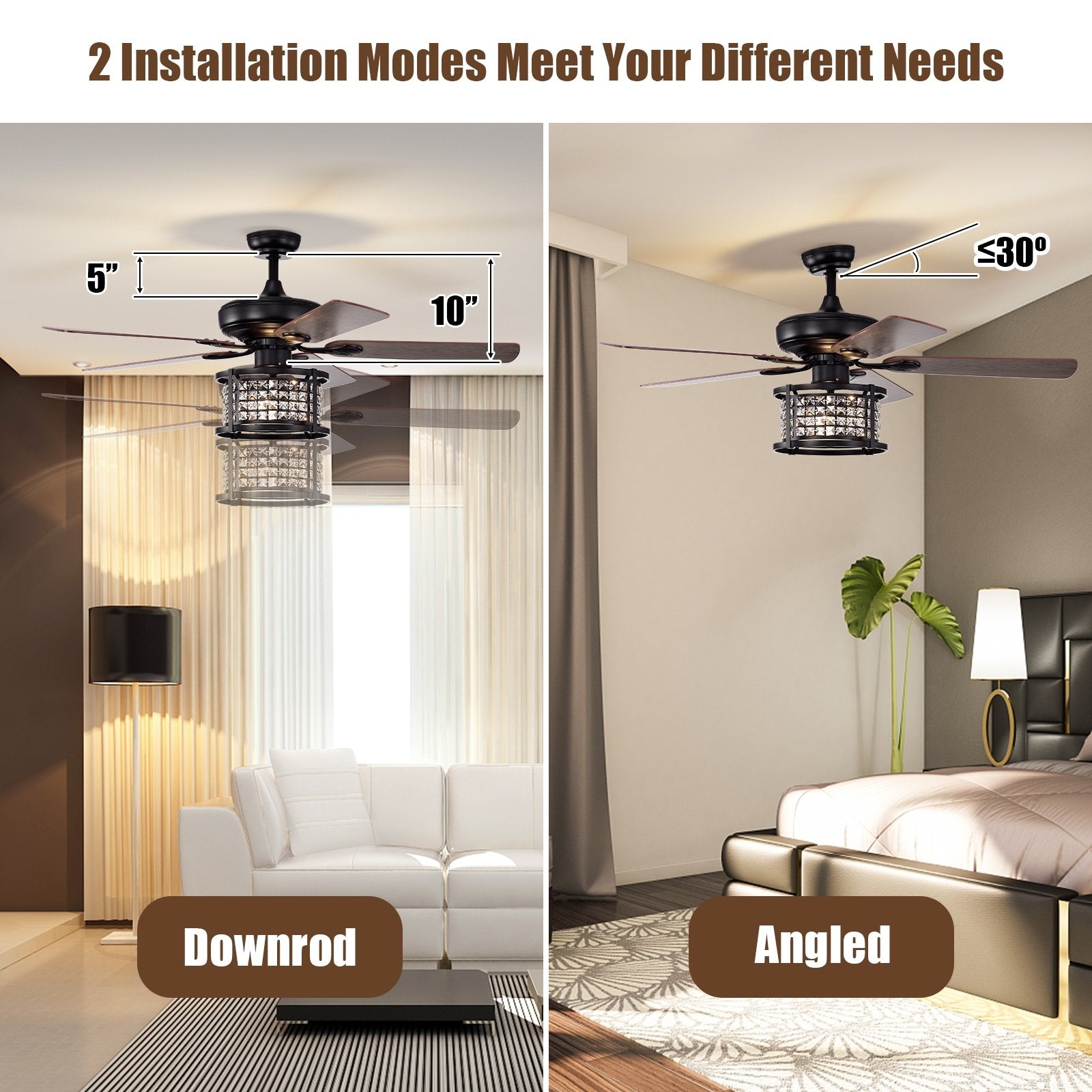 52 Inch 3-Speed Crystal Ceiling Fan Light with Remote Control, Black Ceiling Fans   at Gallery Canada