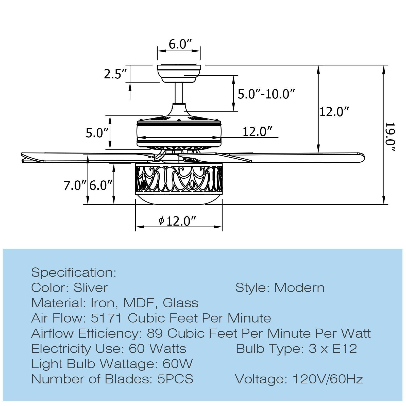 52 Inch Ceiling Fan with Light Reversible Blade and Adjustable Speed, Silver Ceiling Fans   at Gallery Canada