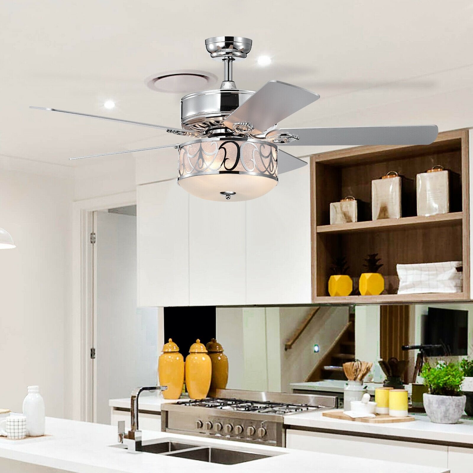 52 Inch Ceiling Fan with Light Reversible Blade and Adjustable Speed, Silver Ceiling Fans   at Gallery Canada