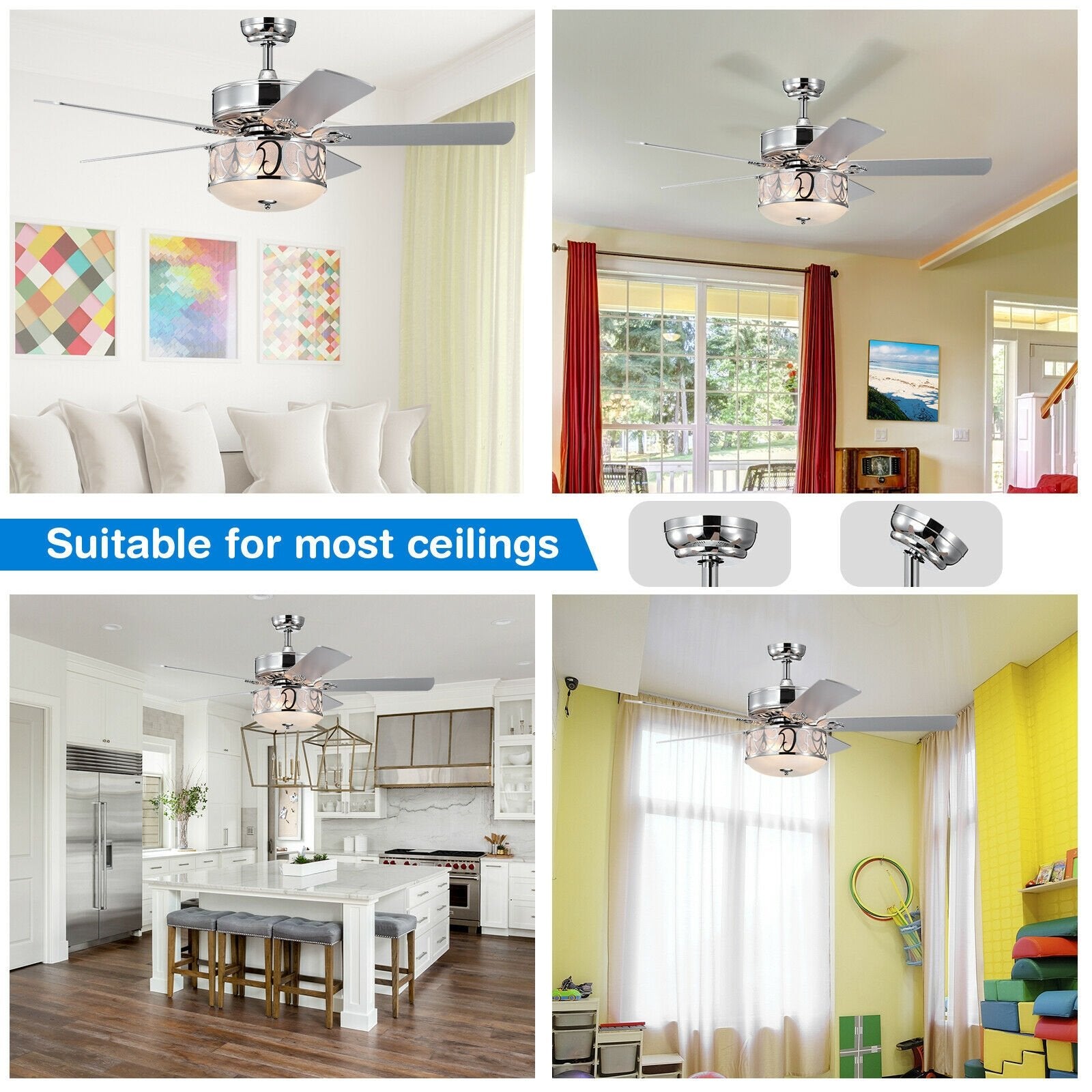 52 Inch Ceiling Fan with Light Reversible Blade and Adjustable Speed, Silver Ceiling Fans   at Gallery Canada