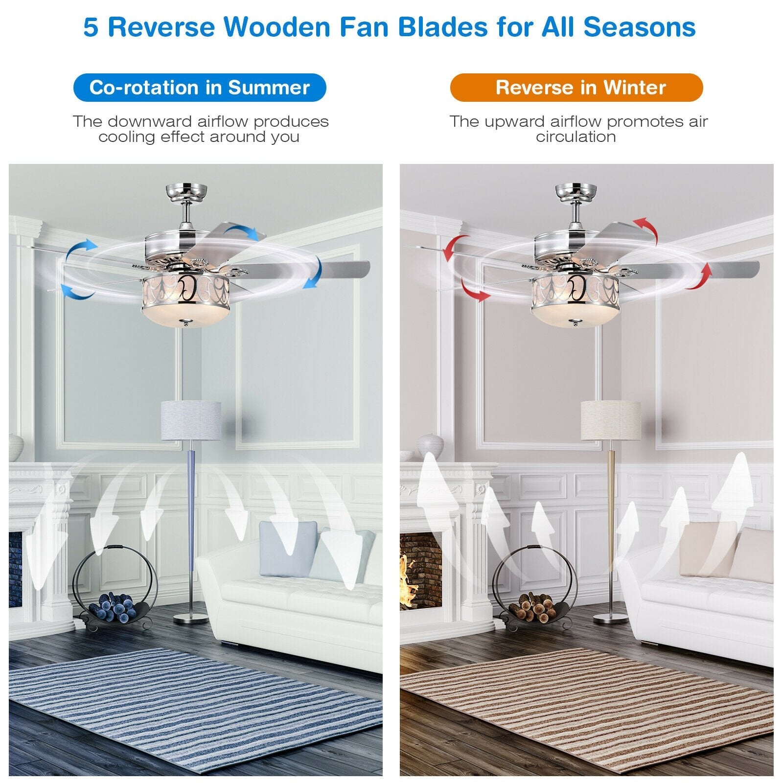 52 Inch Ceiling Fan with Light Reversible Blade and Adjustable Speed, Silver Ceiling Fans   at Gallery Canada