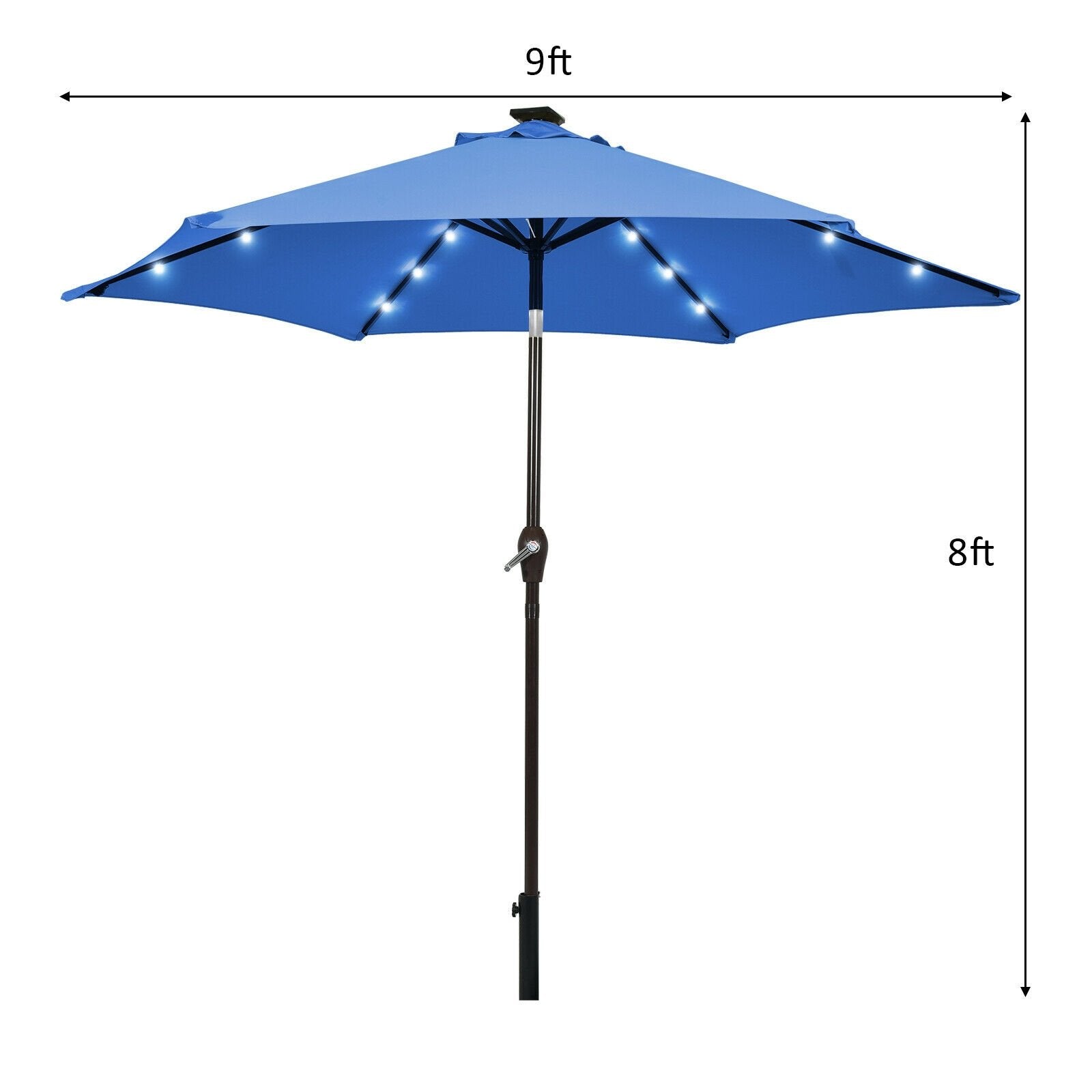 9' Solar LED Lighted Patio Market Umbrella Tilt Adjustment Crank Lift , Blue Outdoor Umbrellas   at Gallery Canada