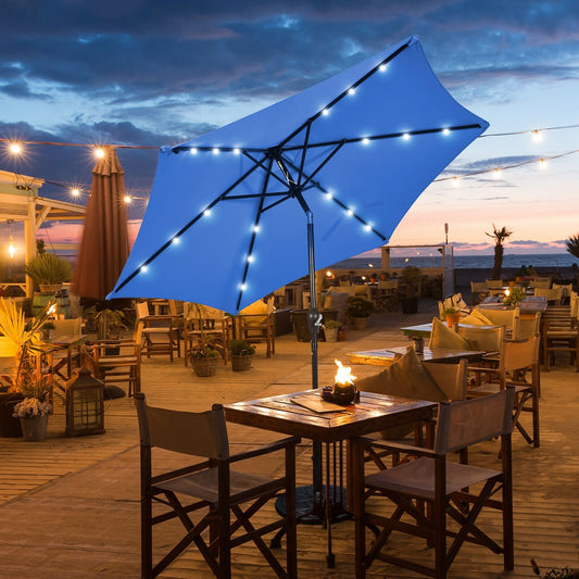 9' Solar LED Lighted Patio Market Umbrella Tilt Adjustment Crank Lift , Blue Outdoor Umbrellas   at Gallery Canada