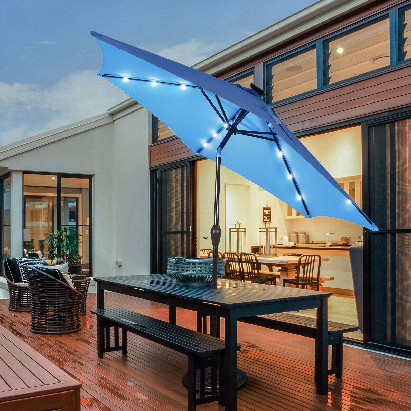 9' Solar LED Lighted Patio Market Umbrella Tilt Adjustment Crank Lift , Blue Outdoor Umbrellas   at Gallery Canada