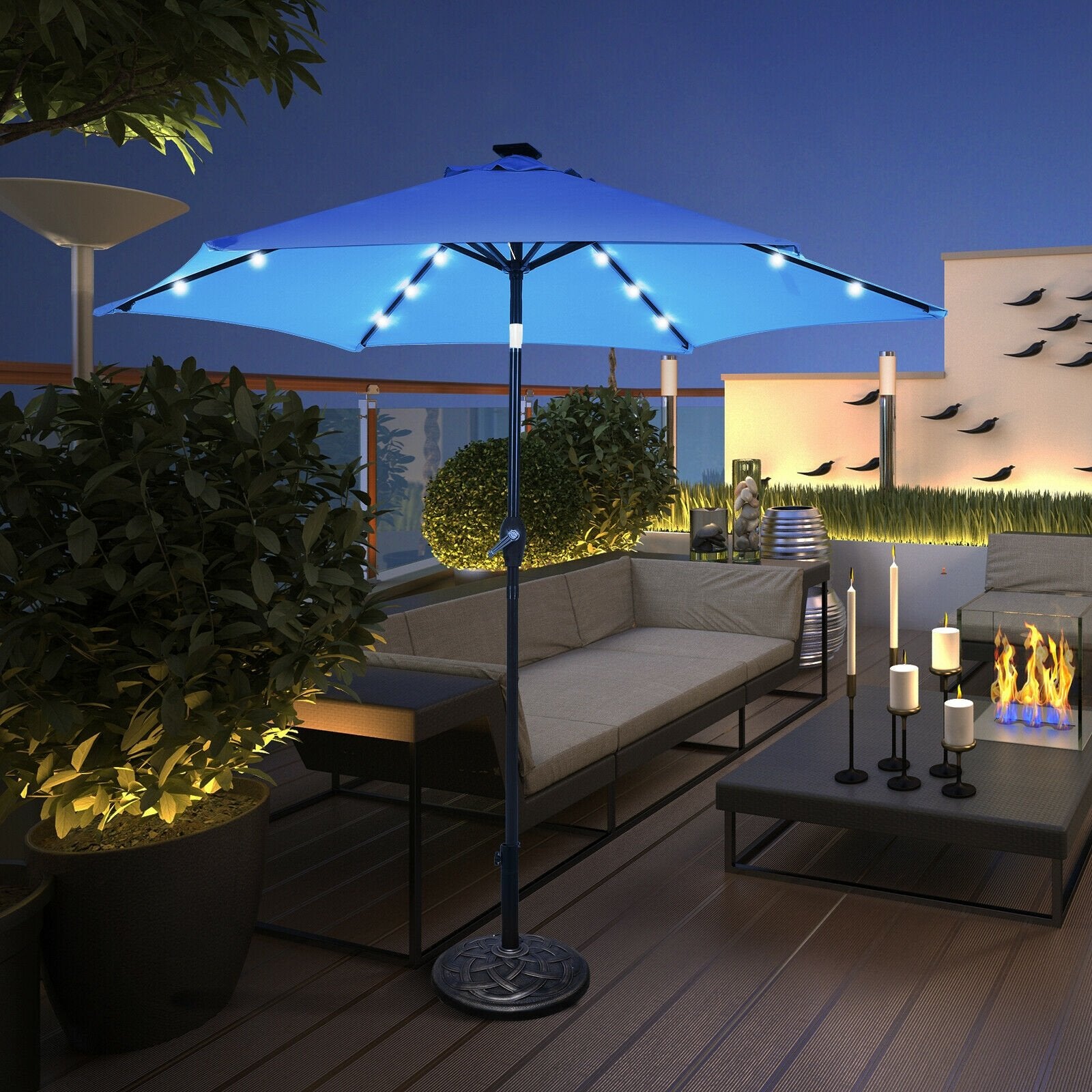 9' Solar LED Lighted Patio Market Umbrella Tilt Adjustment Crank Lift , Blue Outdoor Umbrellas   at Gallery Canada