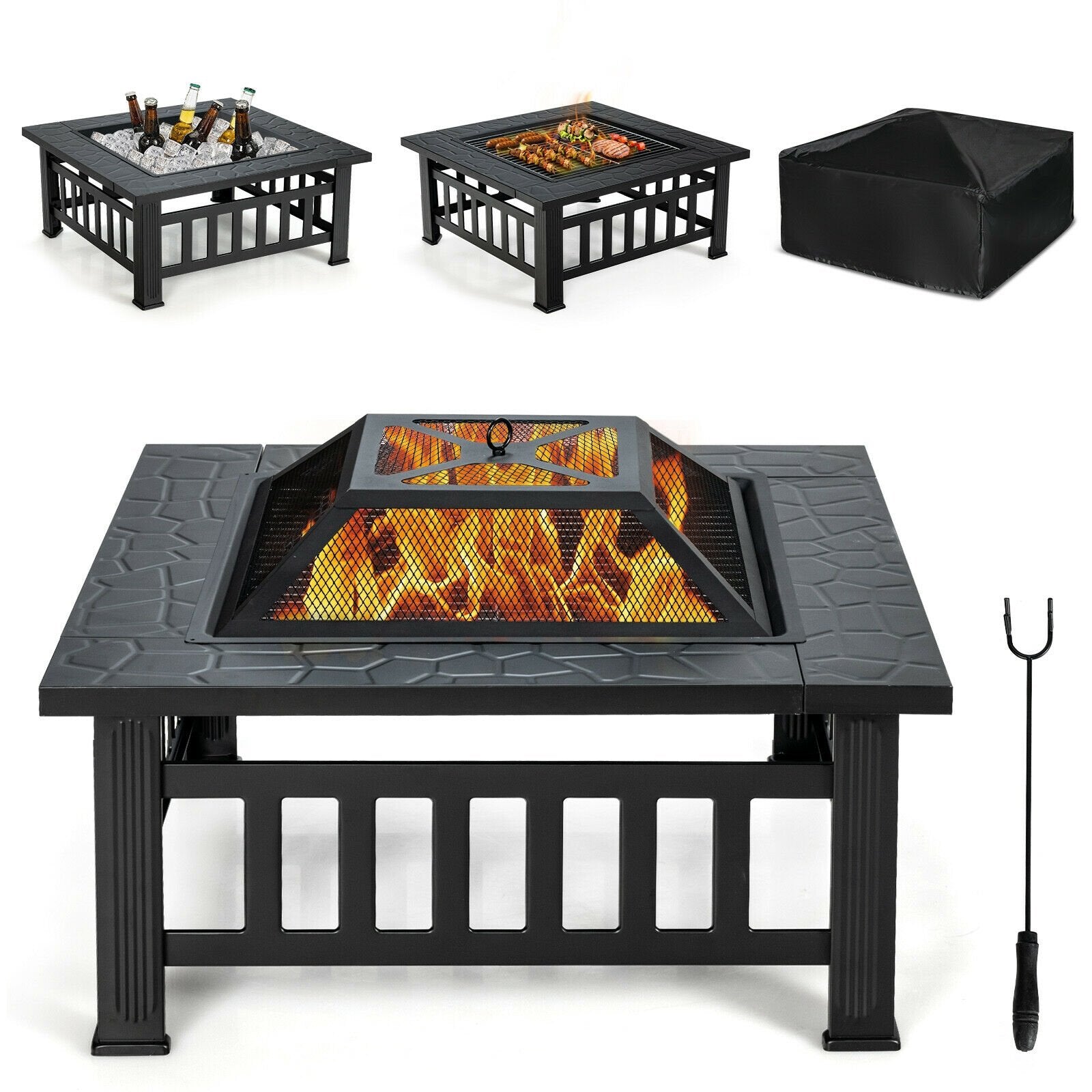 32 Inch 3 in 1 Outdoor Square Fire Pit Table with BBQ Grill and Rain Cover for Camping, Black Fire Pit Tables   at Gallery Canada