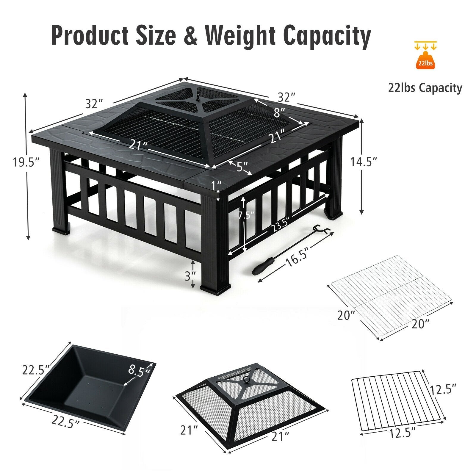 32 Inch 3 in 1 Outdoor Square Fire Pit Table with BBQ Grill and Rain Cover for Camping, Black Fire Pit Tables   at Gallery Canada