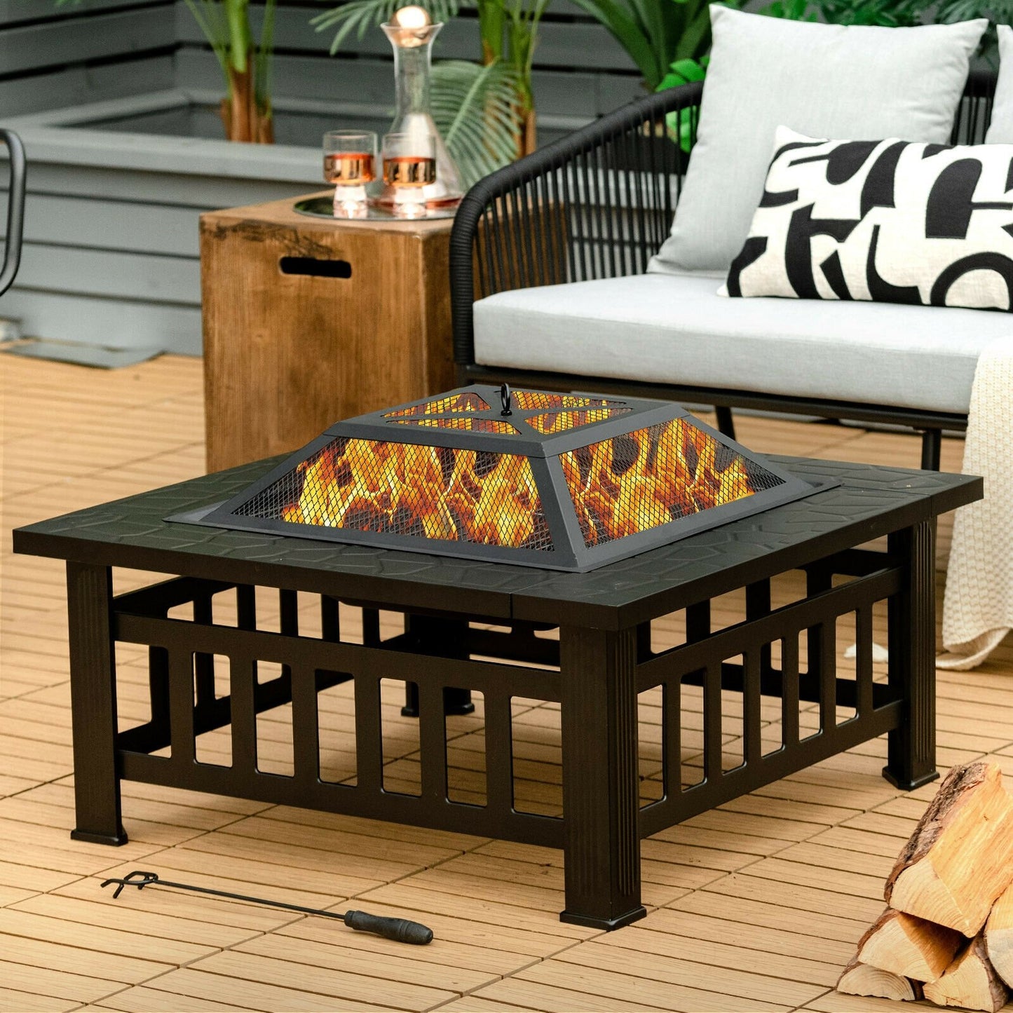 32 Inch 3 in 1 Outdoor Square Fire Pit Table with BBQ Grill and Rain Cover for Camping, Black Fire Pit Tables   at Gallery Canada