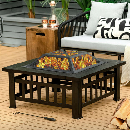 32 Inch 3 in 1 Outdoor Square Fire Pit Table with BBQ Grill and Rain Cover for Camping, Black Fire Pit Tables   at Gallery Canada