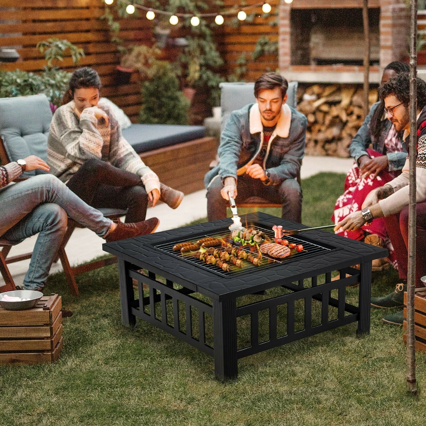 32 Inch 3 in 1 Outdoor Square Fire Pit Table with BBQ Grill and Rain Cover for Camping, Black Fire Pit Tables   at Gallery Canada