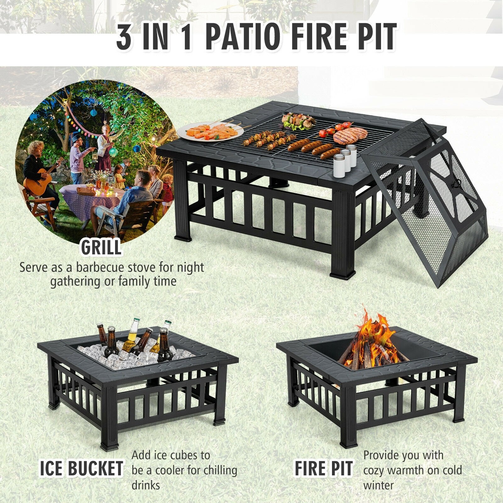 32 Inch 3 in 1 Outdoor Square Fire Pit Table with BBQ Grill and Rain Cover for Camping, Black Fire Pit Tables   at Gallery Canada