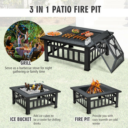 32 Inch 3 in 1 Outdoor Square Fire Pit Table with BBQ Grill and Rain Cover for Camping, Black Fire Pit Tables   at Gallery Canada