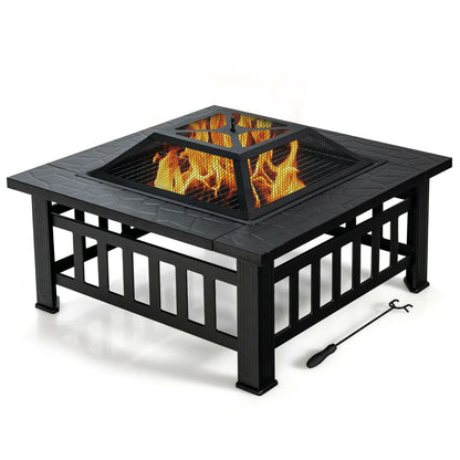 32 Inch 3 in 1 Outdoor Square Fire Pit Table with BBQ Grill and Rain Cover for Camping, Black Fire Pit Tables   at Gallery Canada