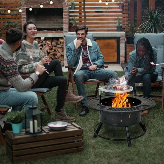 32-Inch Outdoor Wood Burning Fire Pit with 360°Swivel BBQ Grate, Beige - Gallery Canada