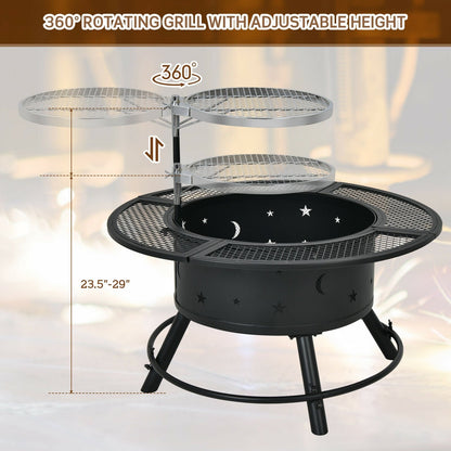 32-Inch Outdoor Wood Burning Fire Pit with 360°Swivel BBQ Grate, Beige - Gallery Canada