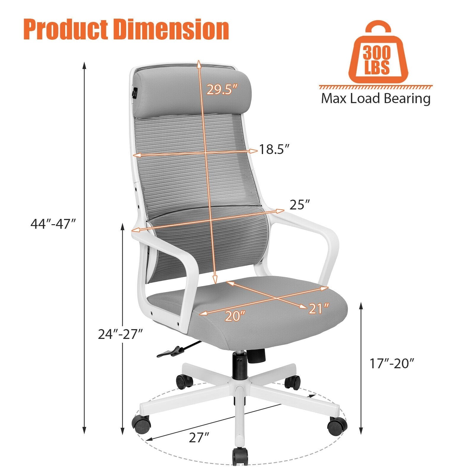 Adjustable Mesh Office Chair with Heating Support Headrest, Gray Ergonomic Chairs   at Gallery Canada