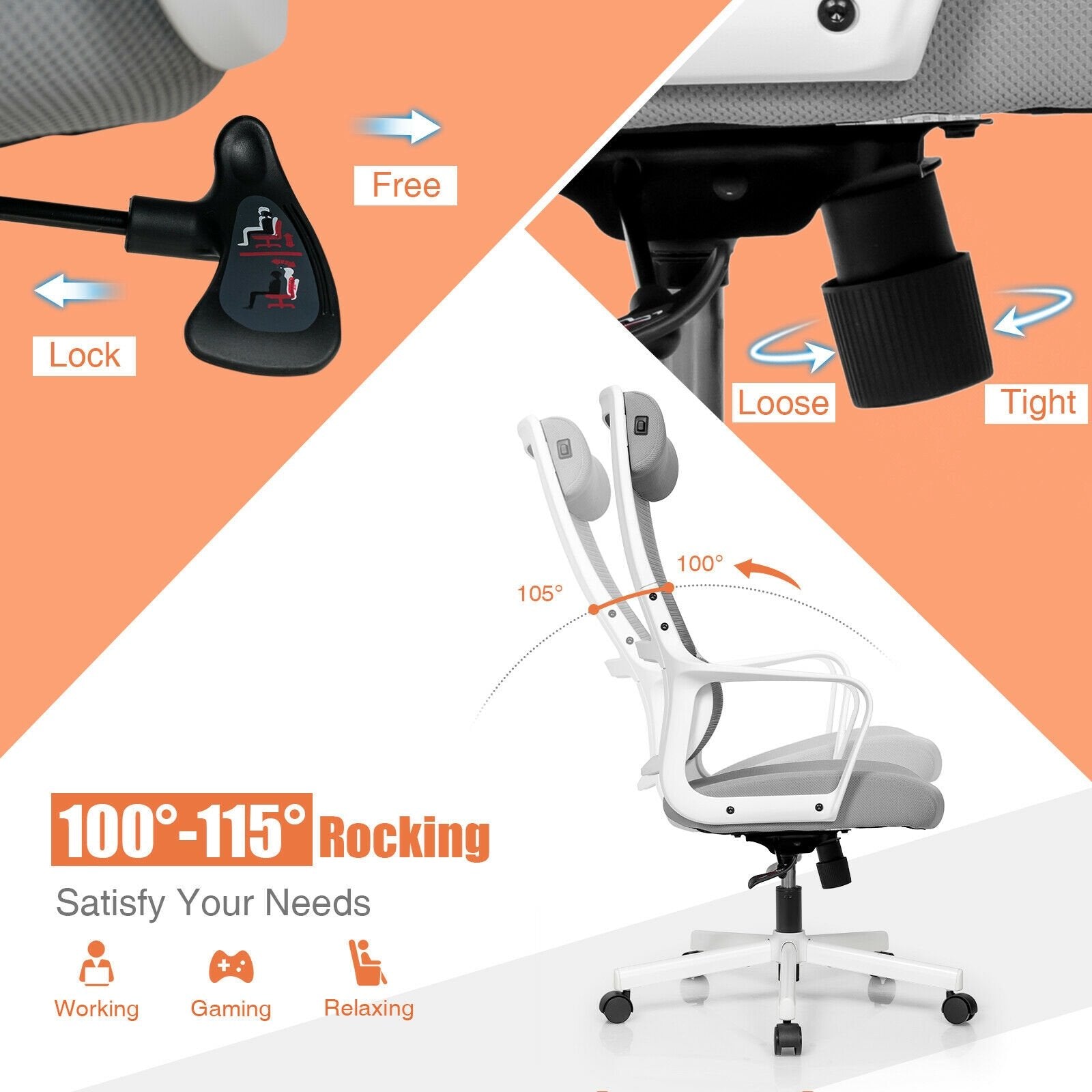 Adjustable Mesh Office Chair with Heating Support Headrest, Gray Ergonomic Chairs   at Gallery Canada