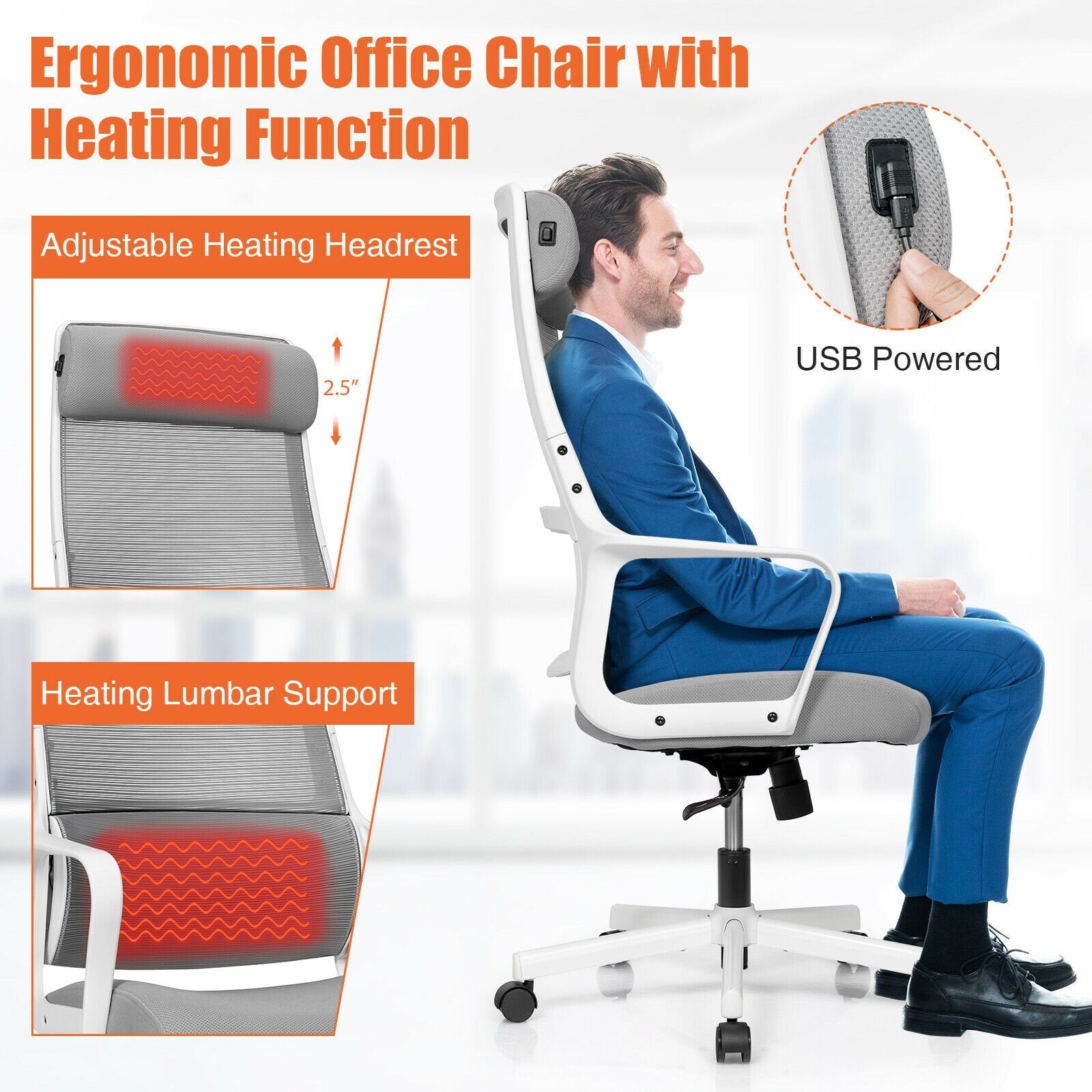 Adjustable Mesh Office Chair with Heating Support Headrest, Gray Ergonomic Chairs   at Gallery Canada