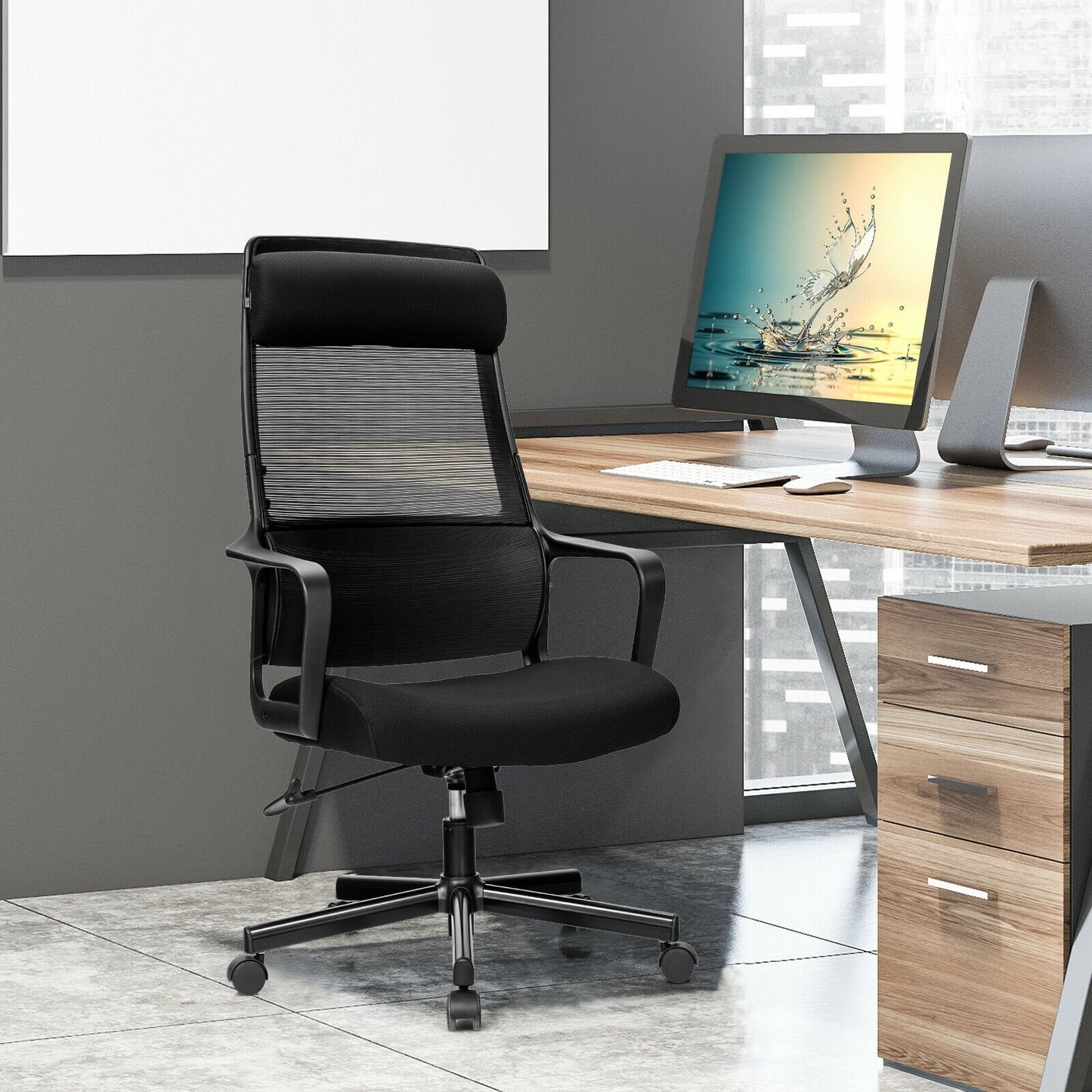 Adjustable Mesh Office Chair with Heating Support Headrest, Black Ergonomic Chairs   at Gallery Canada