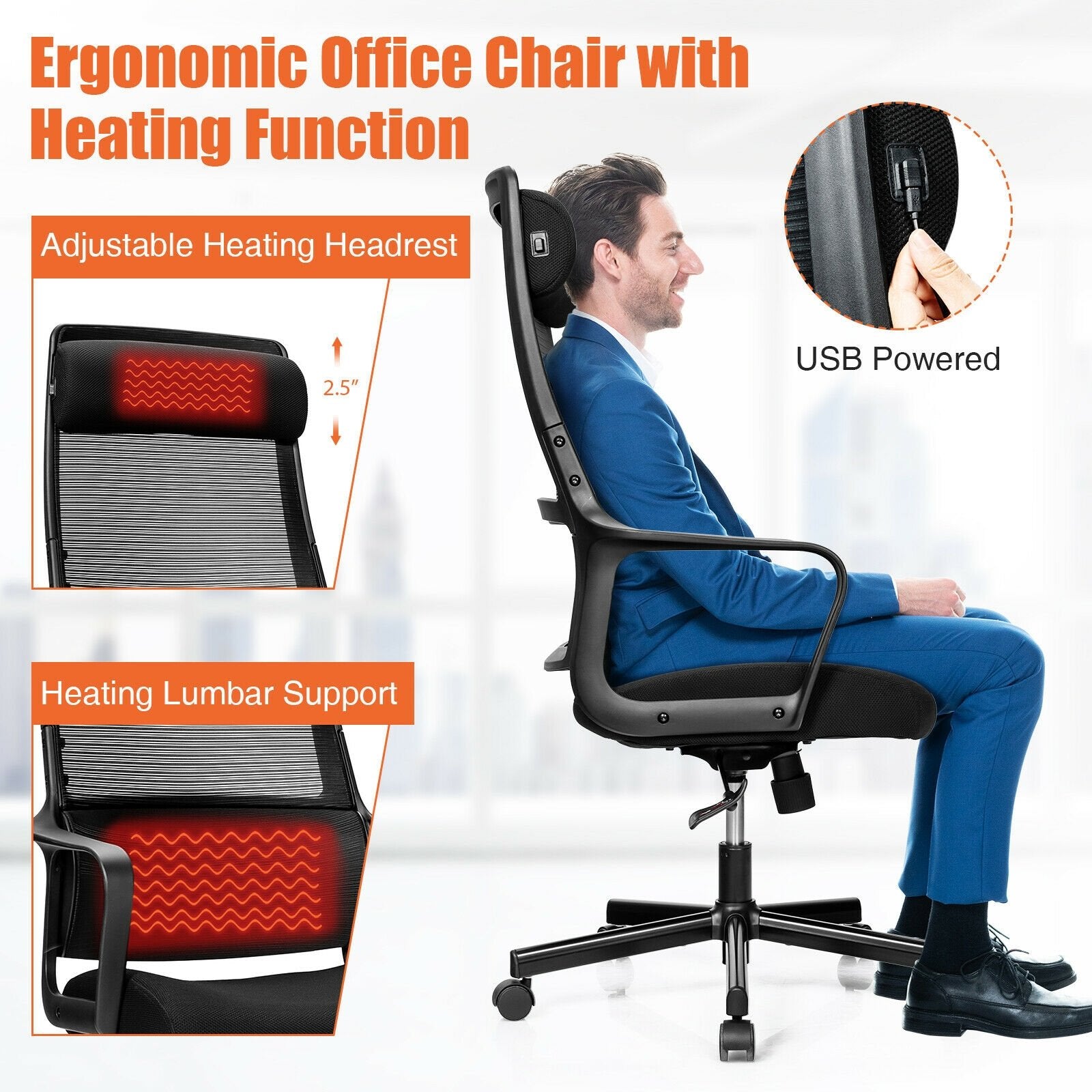 Adjustable Mesh Office Chair with Heating Support Headrest, Black Ergonomic Chairs   at Gallery Canada