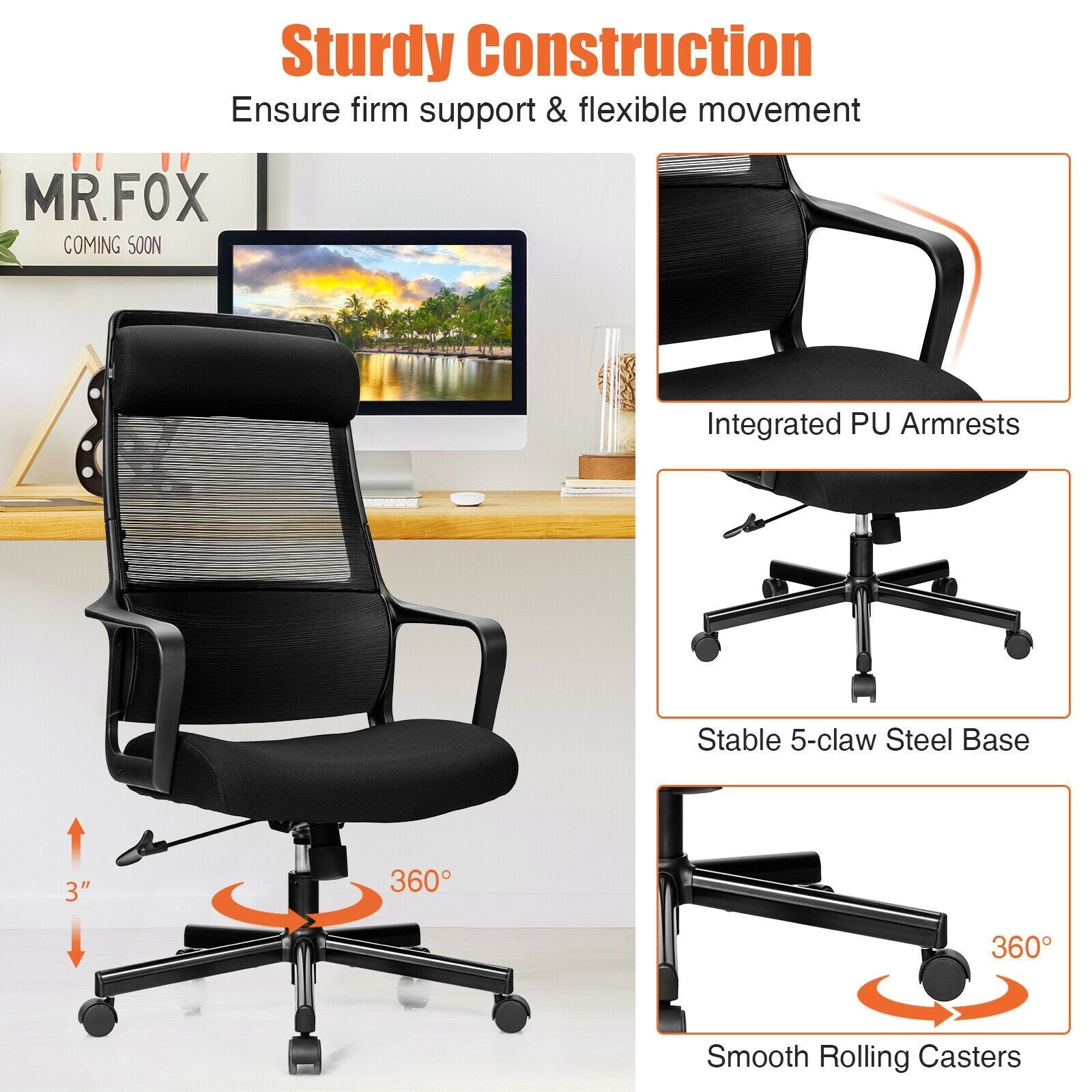 Adjustable Mesh Office Chair with Heating Support Headrest, Black Ergonomic Chairs   at Gallery Canada