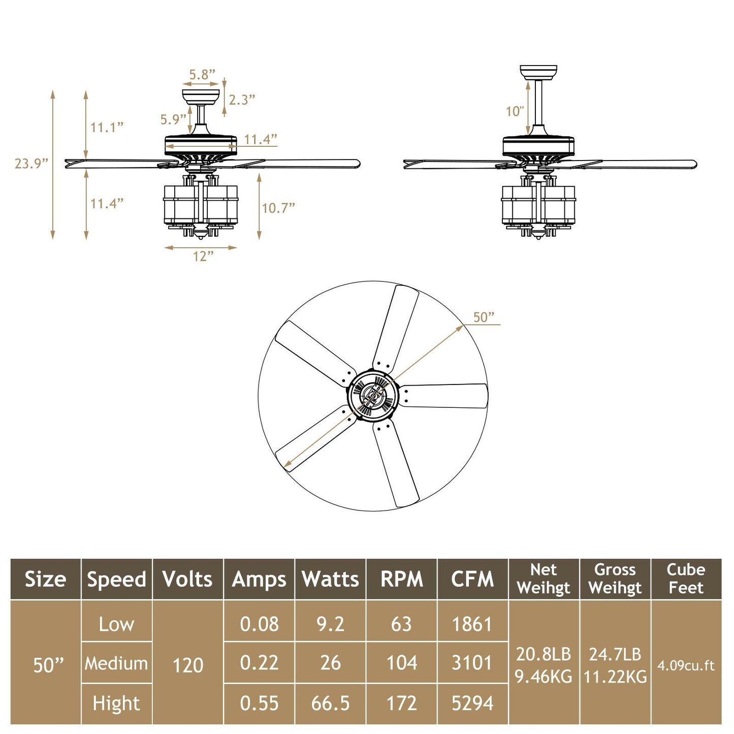 50 Inch Noiseless Ceiling Fan Light with Explosion-proof Glass Lampshades, Black Ceiling Fans   at Gallery Canada