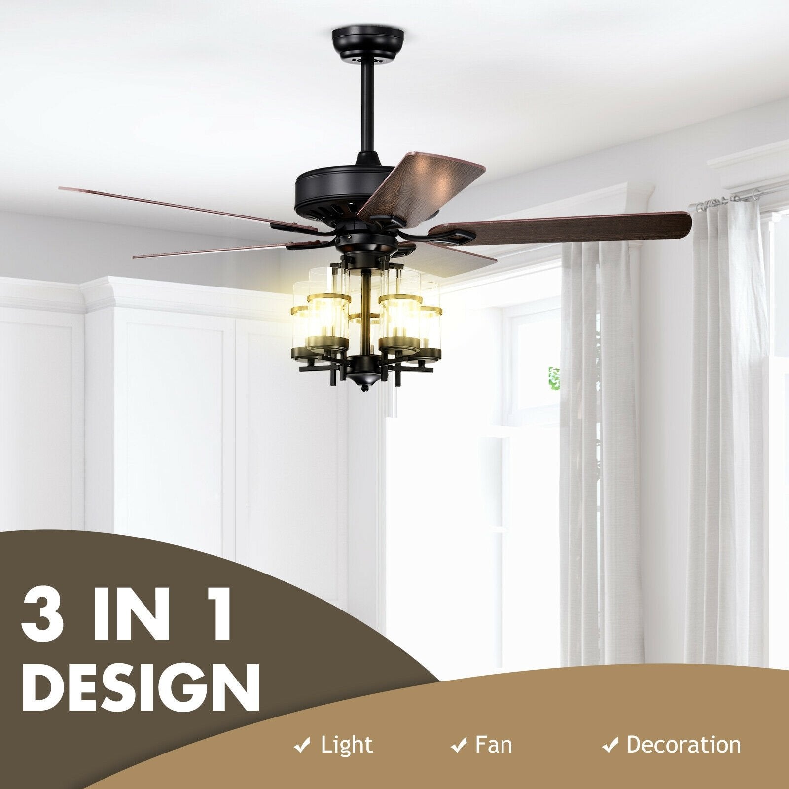 50 Inch Noiseless Ceiling Fan Light with Explosion-proof Glass Lampshades, Black Ceiling Fans   at Gallery Canada