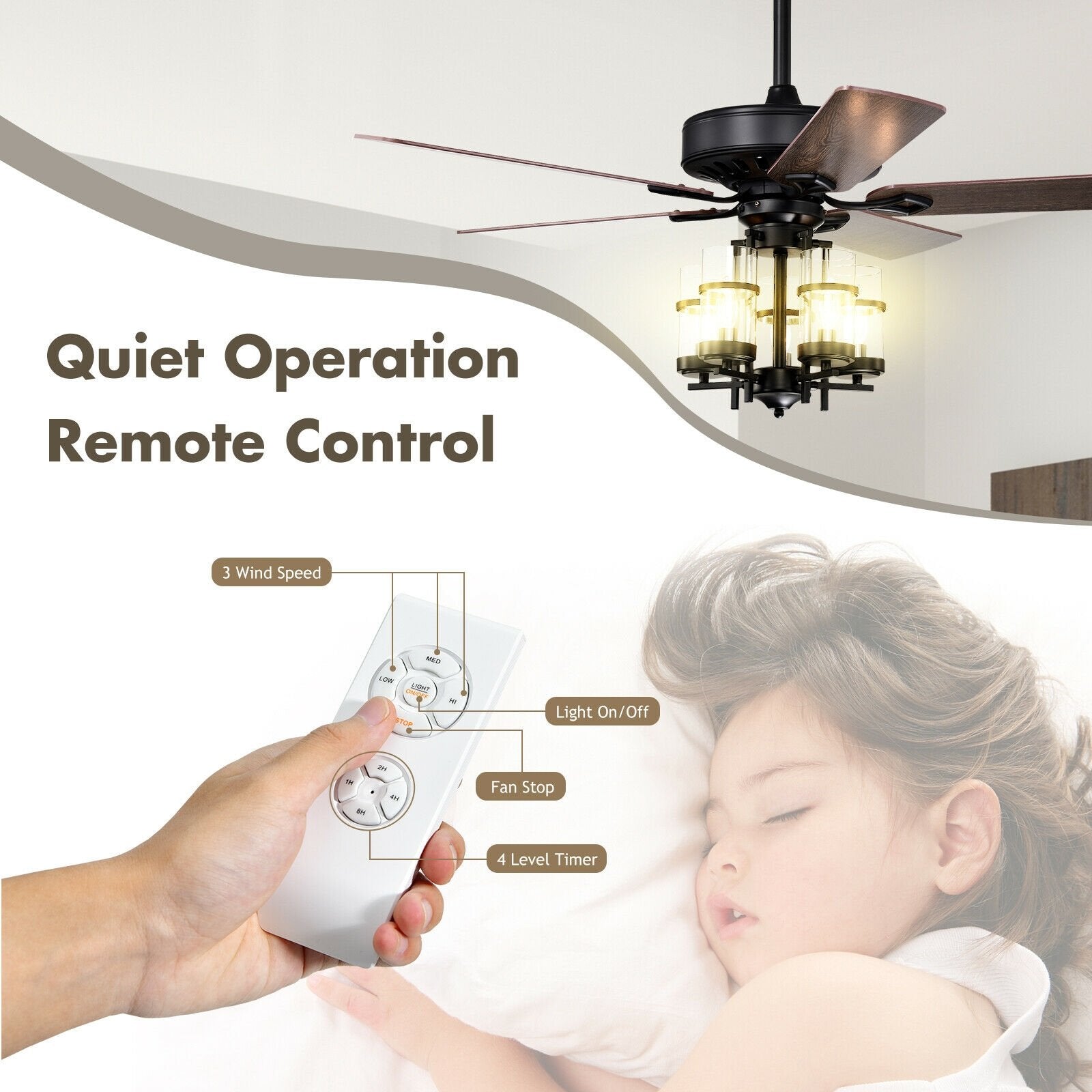 50 Inch Noiseless Ceiling Fan Light with Explosion-proof Glass Lampshades, Black Ceiling Fans   at Gallery Canada