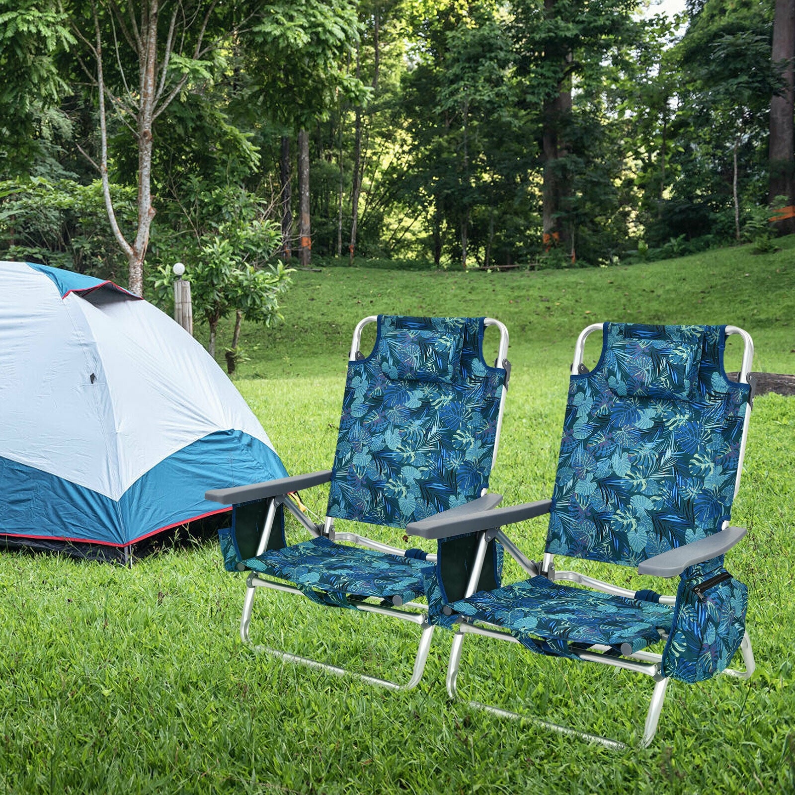 2-Pack Folding Backpack Beach Chair 5-Position Outdoor Reclining Chairs with Pillow, Navy Beach & Lawn Chairs at Gallery Canada