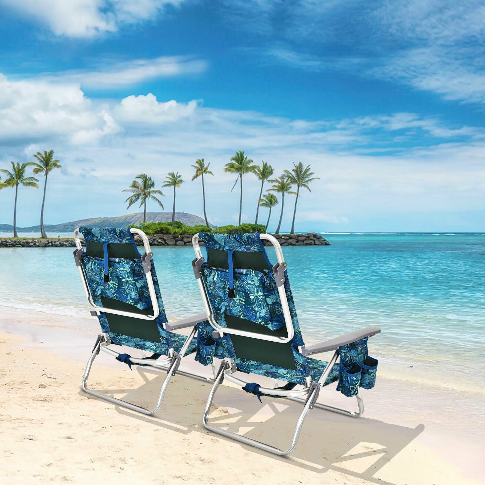 2-Pack Folding Backpack Beach Chair 5-Position Outdoor Reclining Chairs with Pillow, Navy Beach & Lawn Chairs at Gallery Canada