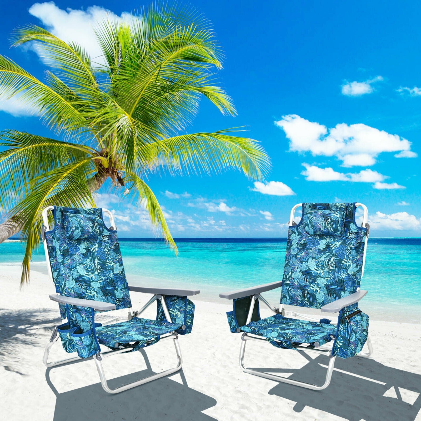2-Pack Folding Backpack Beach Chair 5-Position Outdoor Reclining Chairs with Pillow, Navy Beach & Lawn Chairs at Gallery Canada