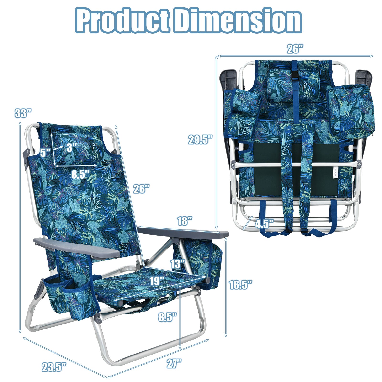 2-Pack Folding Backpack Beach Chair 5-Position Outdoor Reclining Chairs with Pillow, Navy Beach & Lawn Chairs at Gallery Canada