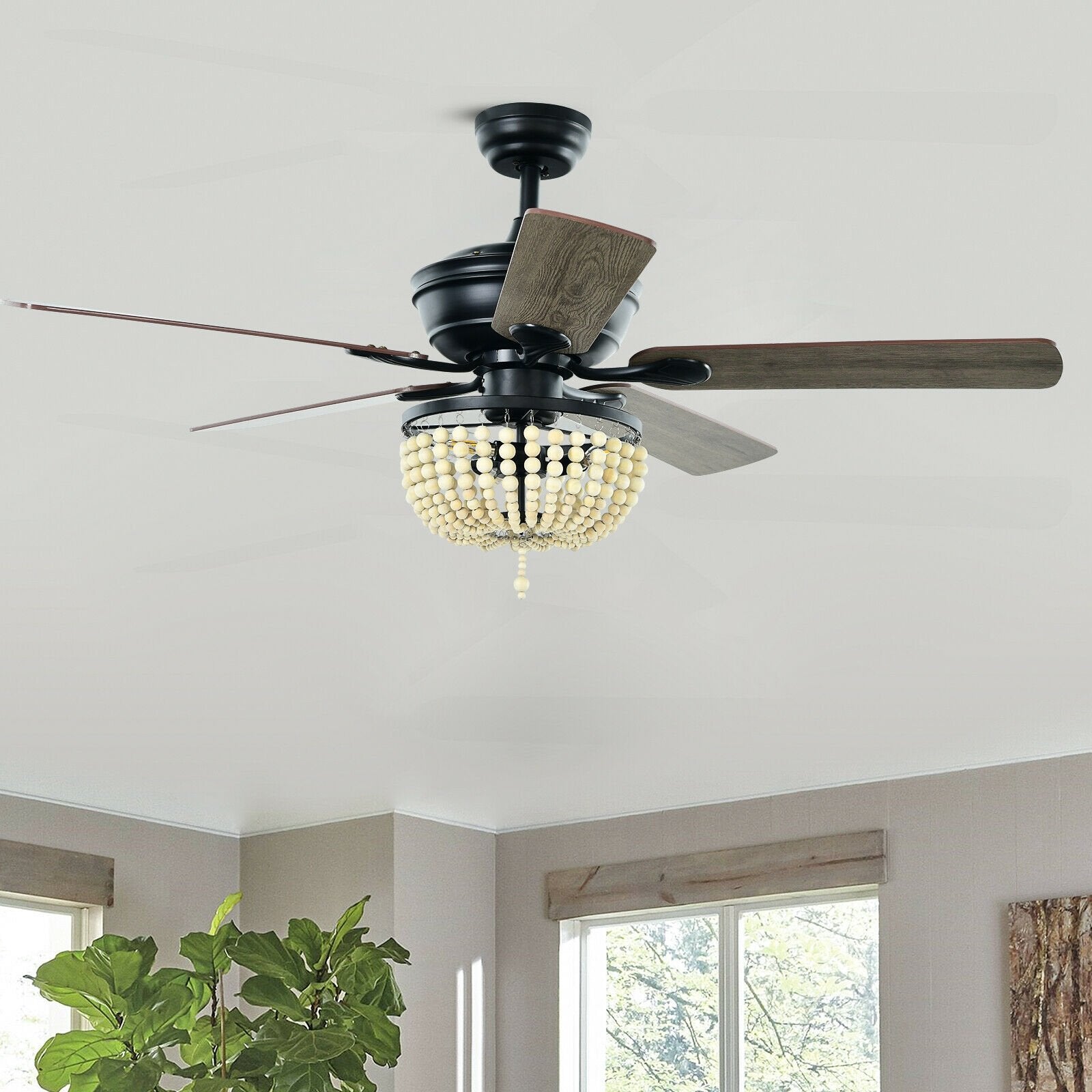 52 Inch Retro Ceiling Fan Light with Reversible Blades Remote Control, Black Ceiling Fans   at Gallery Canada