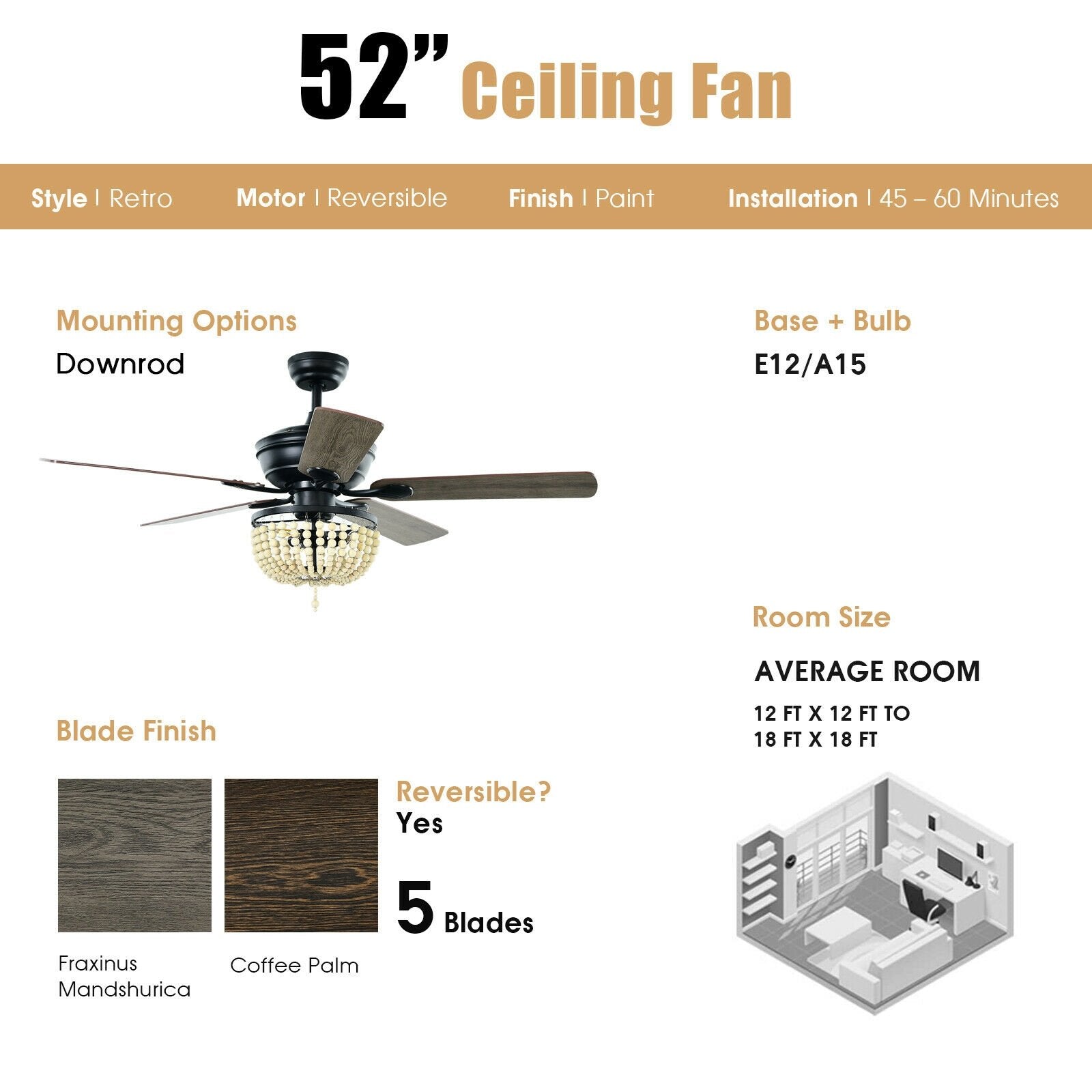 52 Inch Retro Ceiling Fan Light with Reversible Blades Remote Control, Black Ceiling Fans   at Gallery Canada