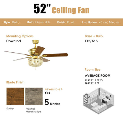 52 Inch Retro Ceiling Fan Light with Reversible Blades Remote Control, Golden - Gallery Canada
