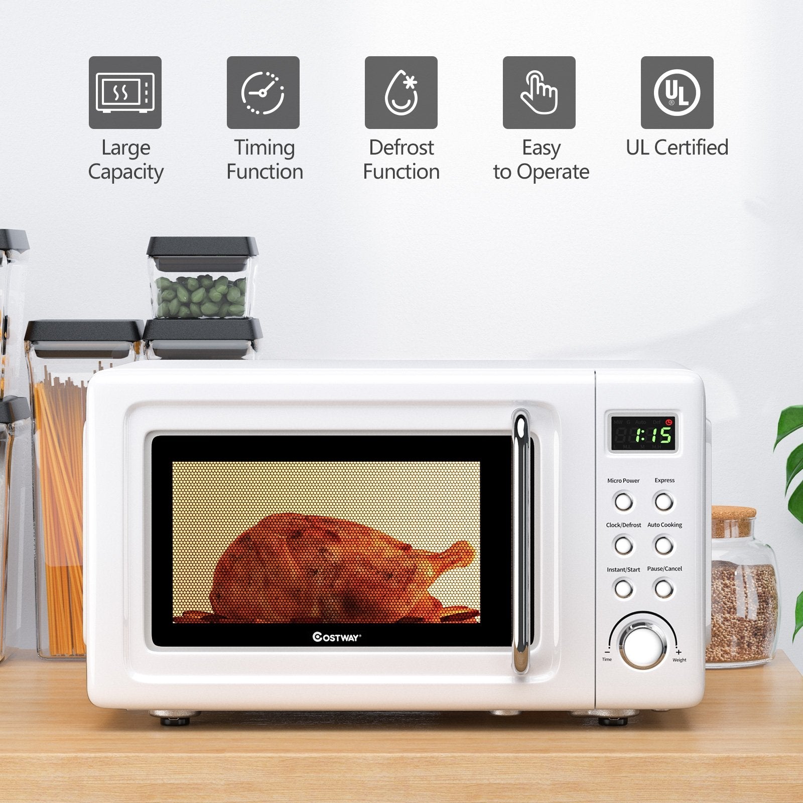 700W Retro Countertop Microwave Oven with 5 Micro Power and Auto Cooking Function, White Toaster Ovens   at Gallery Canada