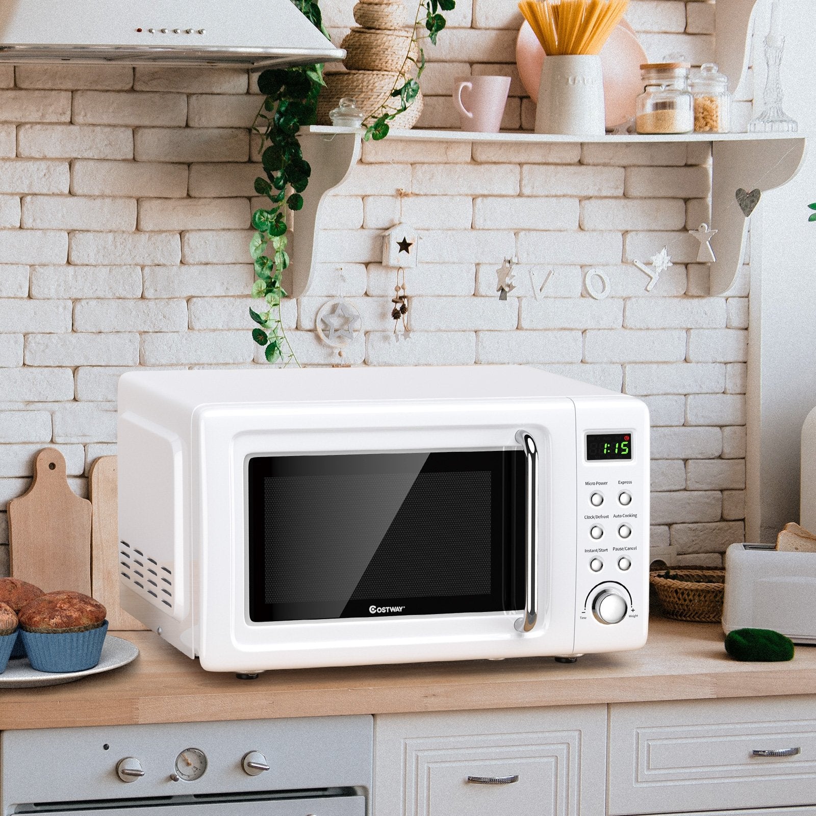 700W Retro Countertop Microwave Oven with 5 Micro Power and Auto Cooking Function, White Toaster Ovens   at Gallery Canada