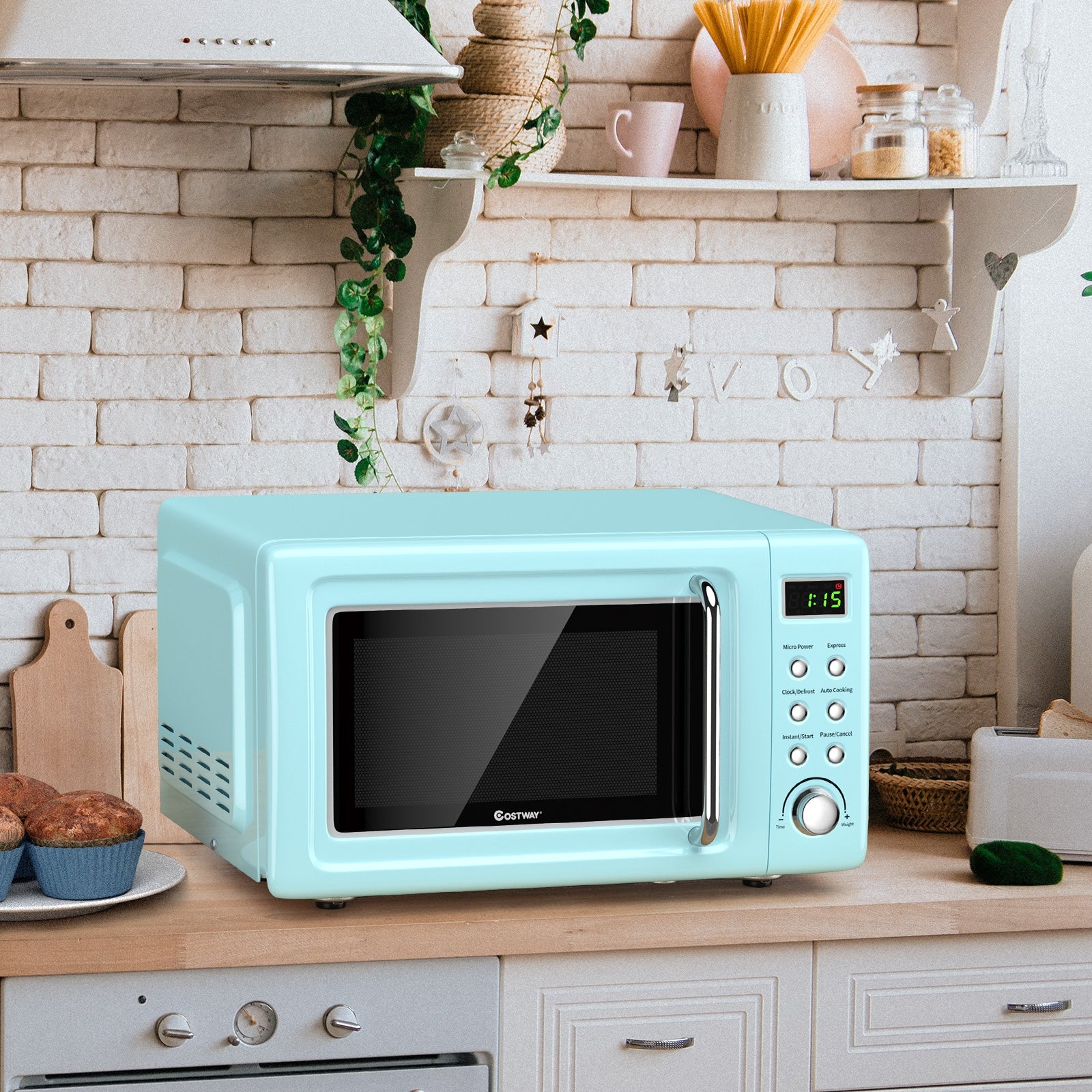 700W Retro Countertop Microwave Oven with 5 Micro Power and Auto Cooking Function, Green Toaster Ovens at Gallery Canada