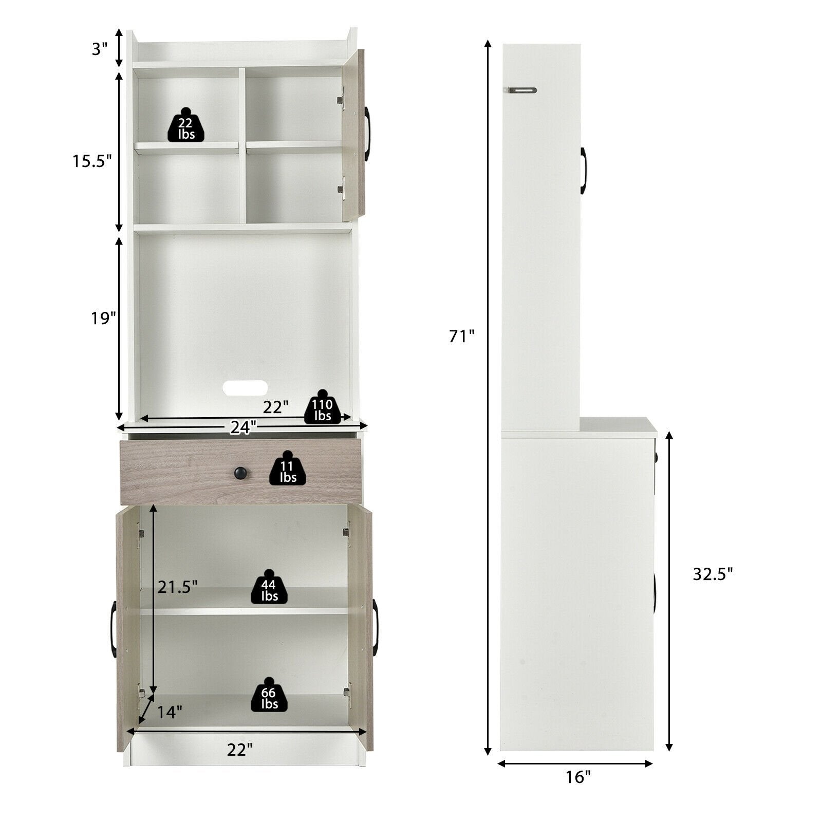 3-Door 71 Inch Kitchen Buffet Pantry Storage Cabinet with Hutch and Adjustable Shelf, White Sideboards Cabinets & Buffets   at Gallery Canada