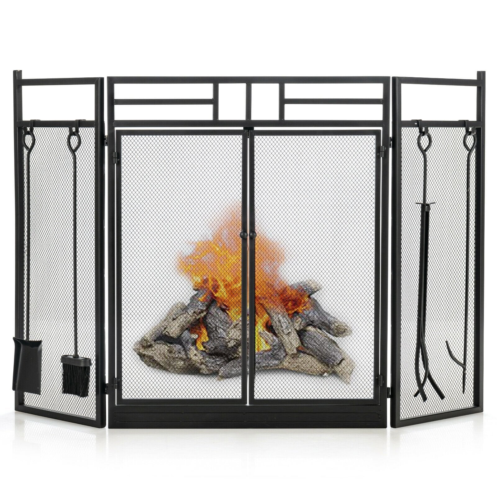 3-Panel Folding Wrought Iron Fireplace Screen with Doors and 4 Pieces Tools Set, Black Fireplace Tools   at Gallery Canada