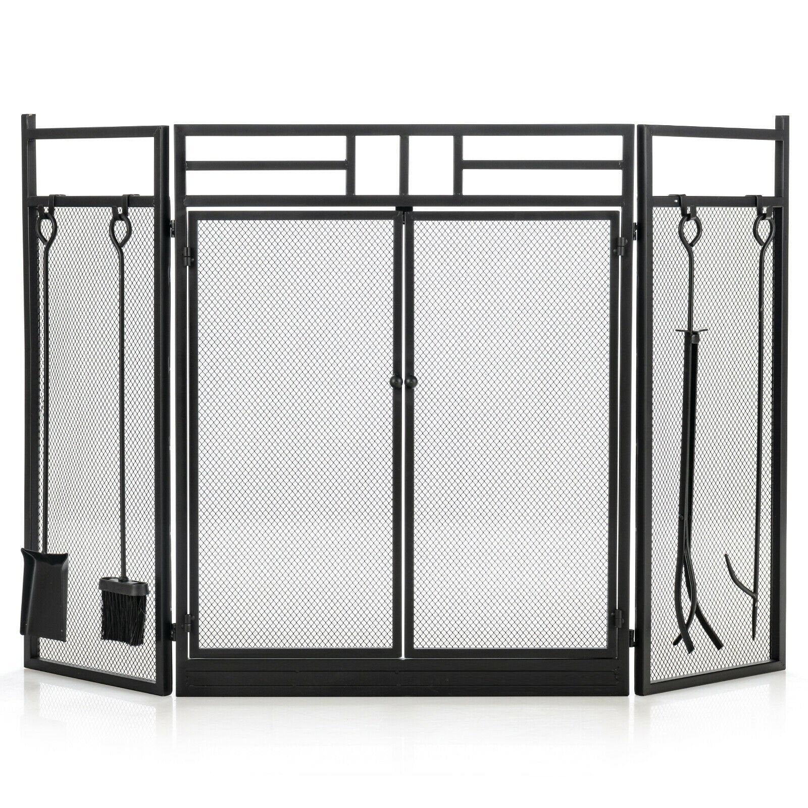 3-Panel Folding Wrought Iron Fireplace Screen with Doors and 4 Pieces Tools Set, Black Fireplace Tools   at Gallery Canada